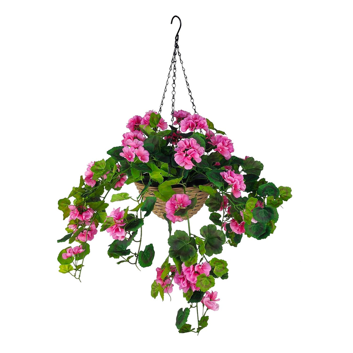 365 Blooming Decor 31.5"X 24" Artificial Hanging Pink Geranium-Lifelike Flowers With Durable Plastic Wicker Style Basket, Weather Resistant For Porch, Patio, Garden Decor, Adj. Branches, Easy Assembly