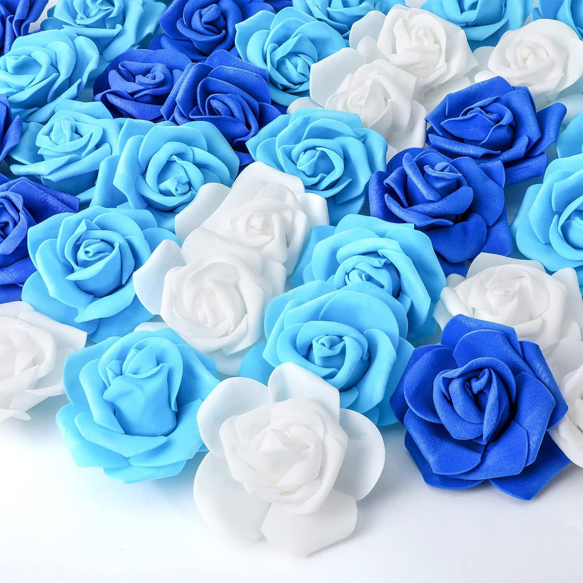 200 Pcs Artificial Rose Flower Heads Bulk Fake Foam Roses Mini Faux Flower For Bridal Shower Wedding Flower Arrangements Centerpiece Diy(2.76 Inch,White, Blue)