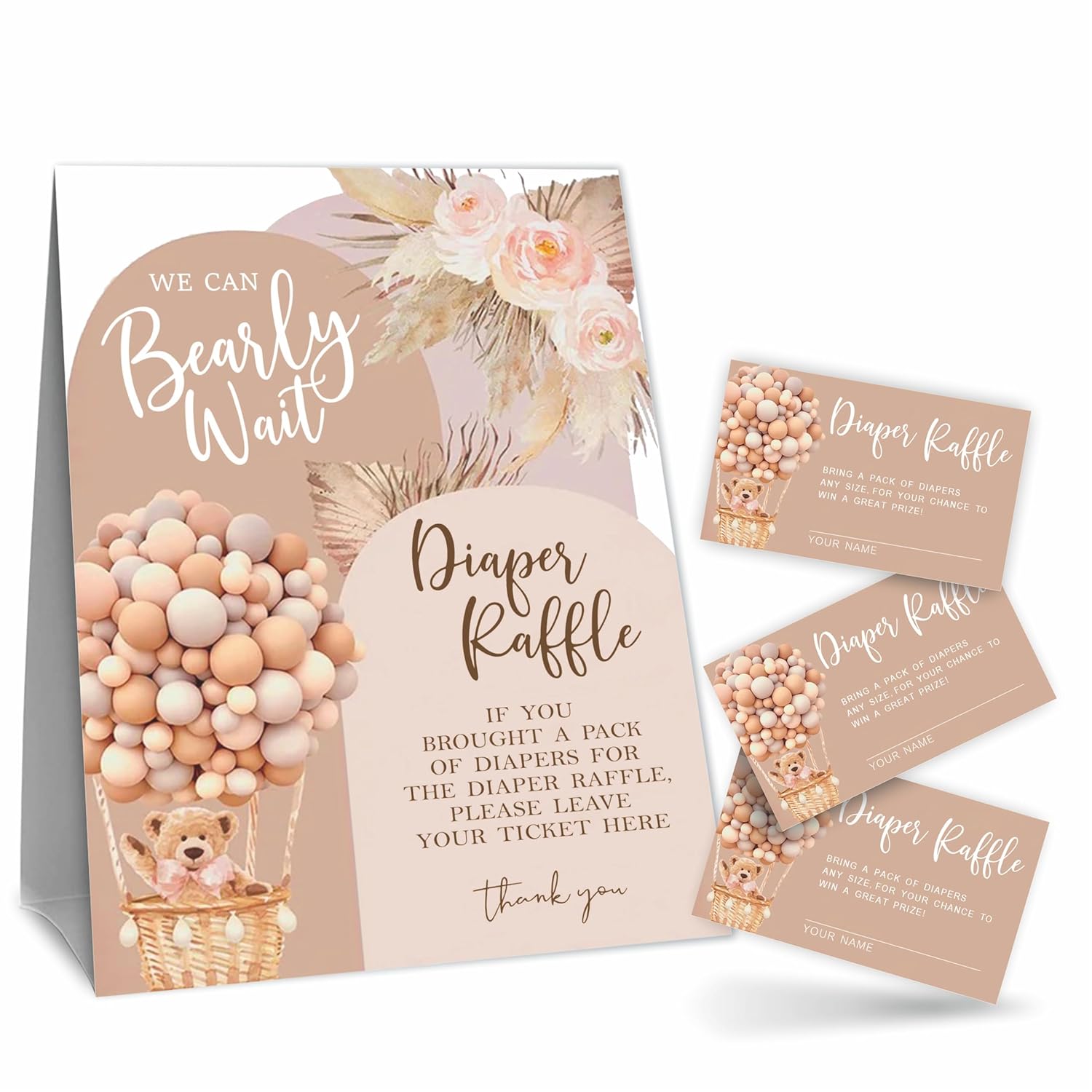 Boho Diaper Raffle Game Kit - Bear & Balloons Standing Sign & 50 Tickets, Decoration For Baby Shower, Gender Reveal, Baby Announcement (Brown) - B02