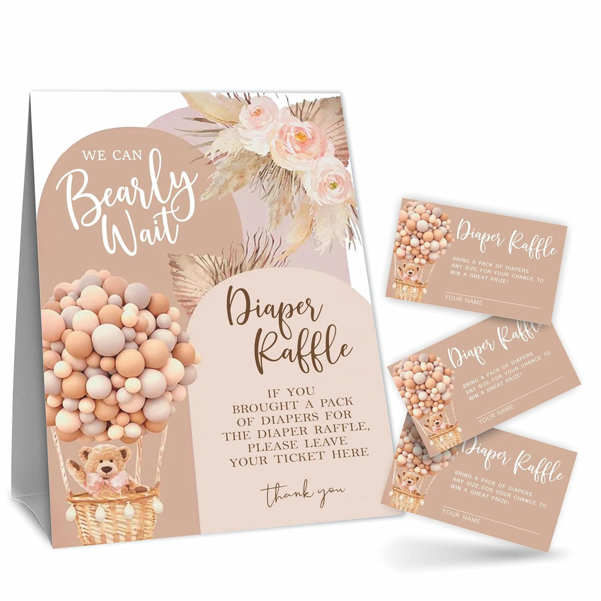 Boho Diaper Raffle Game Kit - Bear & Balloons Standing Sign & 50 Tickets, Decoration For Baby Shower, Gender Reveal, Baby Announcement (Brown) - B02