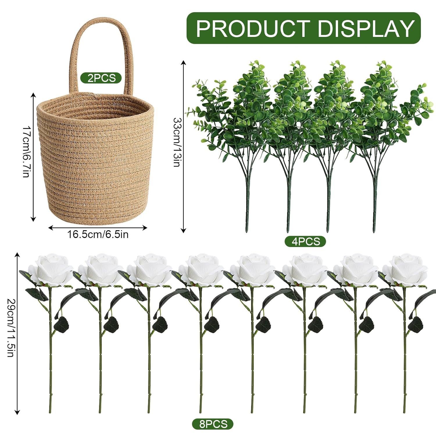Artificial Roses Flowers With Jute Hanging Basket Pack Of 2, Faux Flannel Floral Eucalyptus Arrangement For Entryway Kitchen Bedroom Living Room Home Decorations - White