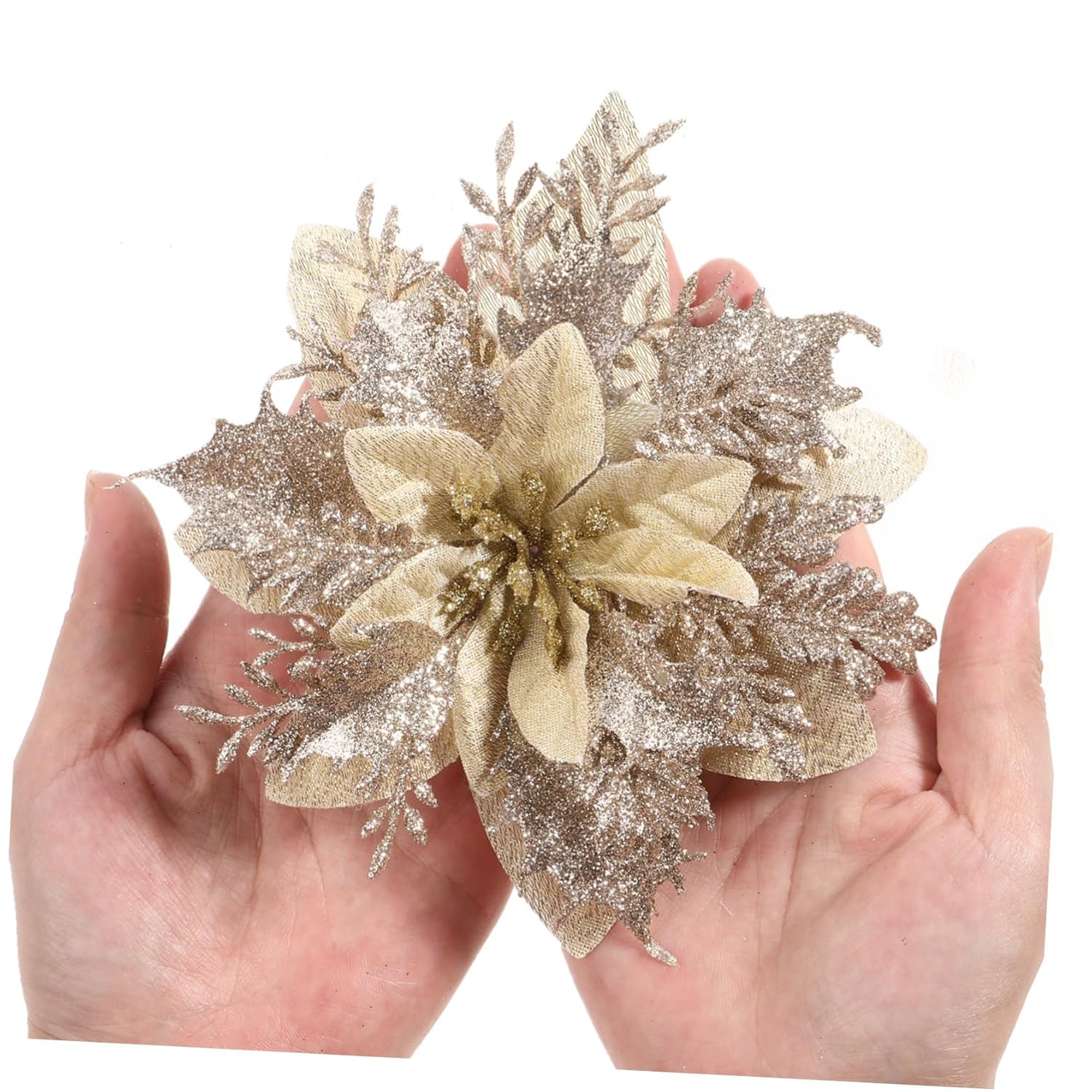 Artificial Poinsettia Christmas Flowers, Light Gold Artificial Glitter Poinsettia Flowers Christmas Tree For S Wedding Party Wreath With Stems And Clips 12Pcs