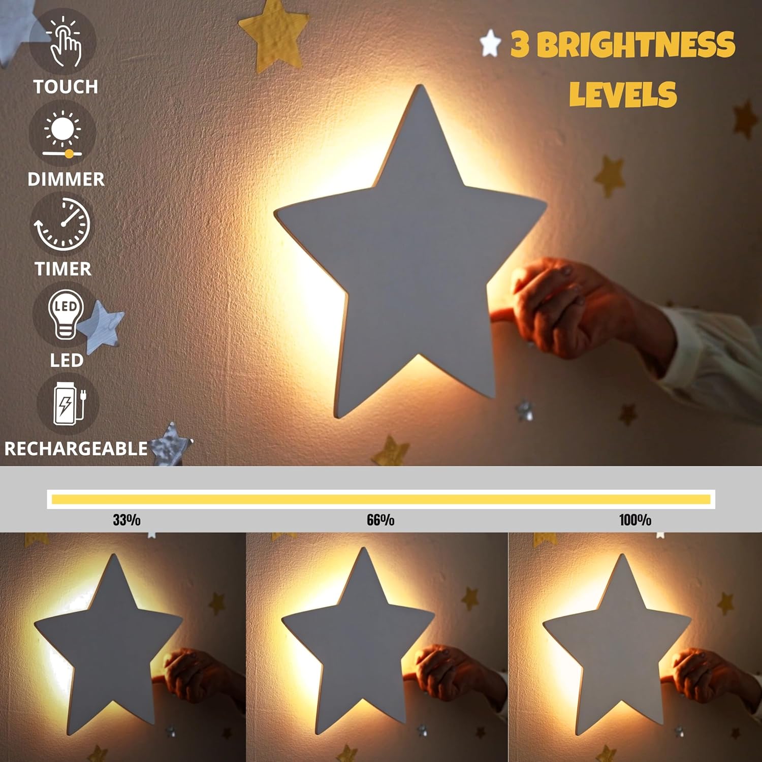 Star Wall Light For Nursery – Soft Night Light For Newborns & Toddlers, Rechargeable & Dimmable (Moon And Star Decals Included)
