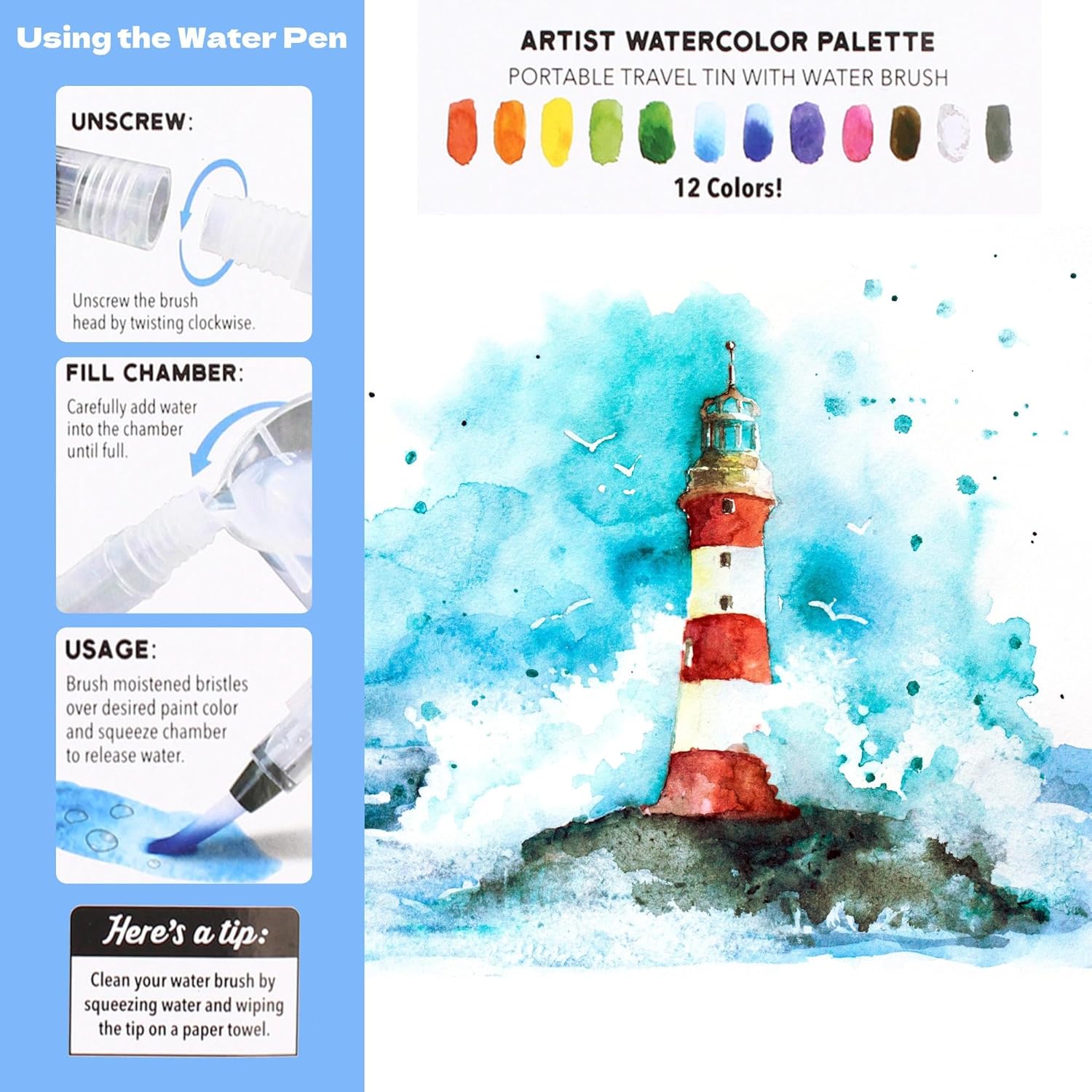 Travel Watercolor Kit, Watercolor Paint Set For Kids & Adults, Travel Palette With Water Brush