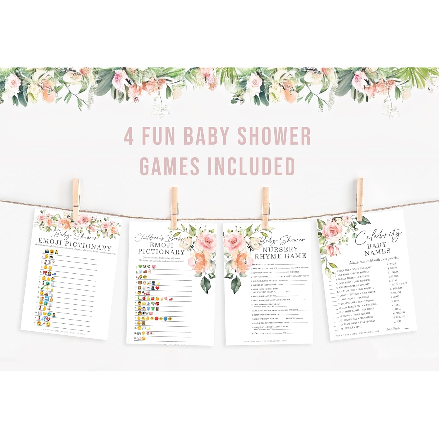 Floral Baby In Bloom Baby Shower Games, Fun Activities For 25 Guests(Nursery Rhyme, Celebrity Parents, Emoticon Baby Shower And Children'S Book Emoticon Game)