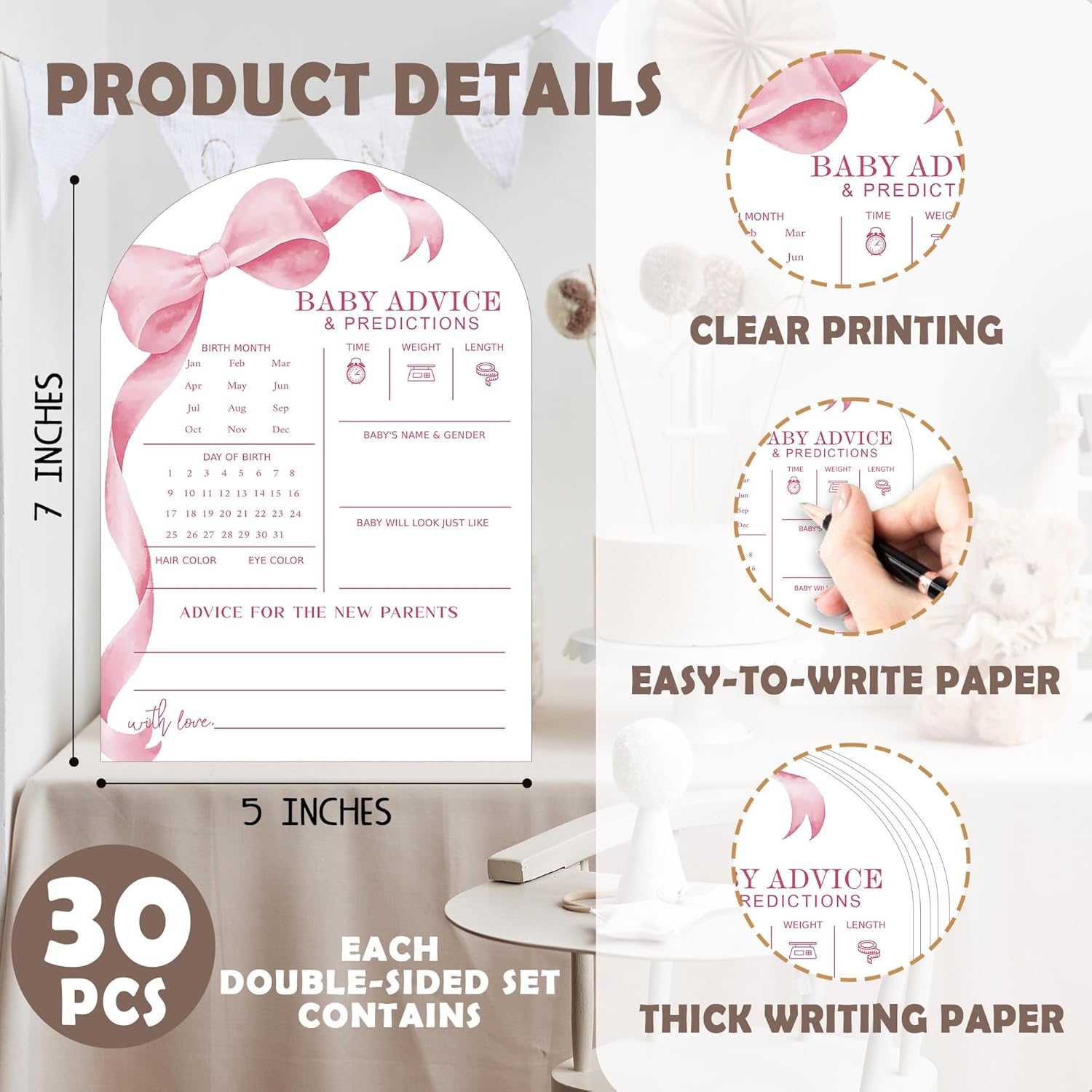 Pink Bow Baby Predictions And Advice Cards - 30Pcs Gender Reveal Games For Guests, 5 X 7 In Baby Shower Activities For Guests, Gender Neutral Decor Table Decorations For New Parents