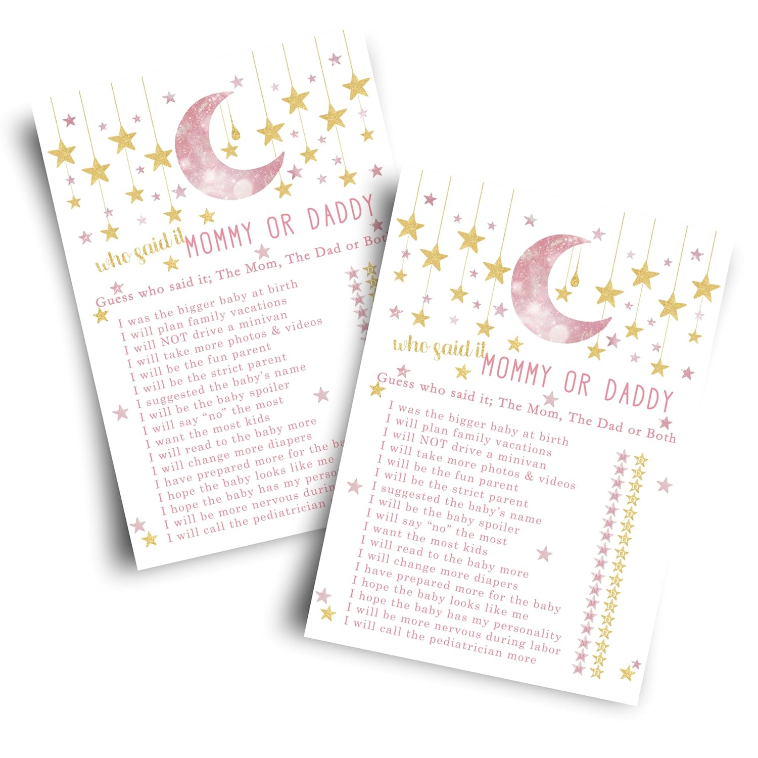 Twinkle Little Star Baby Shower Game For Girls - 25 Guess Who Mommy Or Daddy Game Cards - Fun Guessing Activities For Guests - Star And Moon Theme In Pink