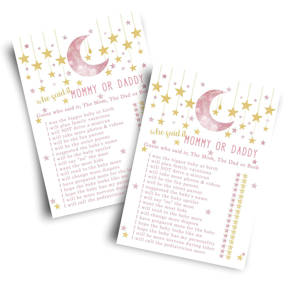 Twinkle Little Star Baby Shower Game For Girls - 25 Guess Who Mommy Or Daddy Game Cards - Fun Guessing Activities For Guests - Star And Moon Theme In Pink