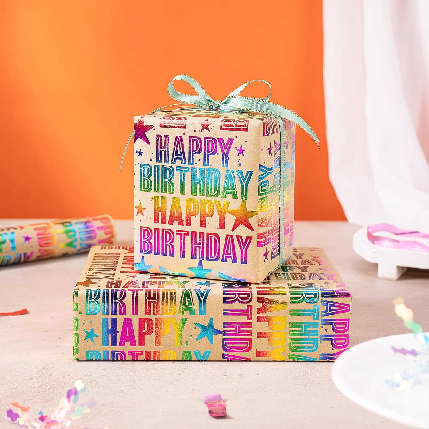 Birthday Kraft Wrapping Paper Roll, Mini Roll, Colorful Foil Happy Birtdhay Text Pattern Kraft Paper, Birthday Gift Wrap For Birthdays, Party And Special Occasions, 17 Inches X 16.4 Feet