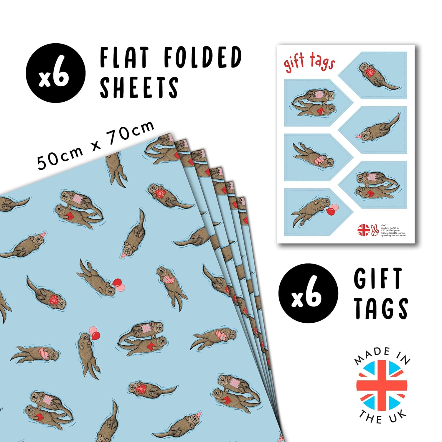 6X Wrapping Paper Sheets - Birthday Otter Gift Wrap For Men Women - Friends Wrapping Paper - Valentines Day Wrapping Paper For Him Her - Christmas Wrapping Paper Blue Comes With Stickers