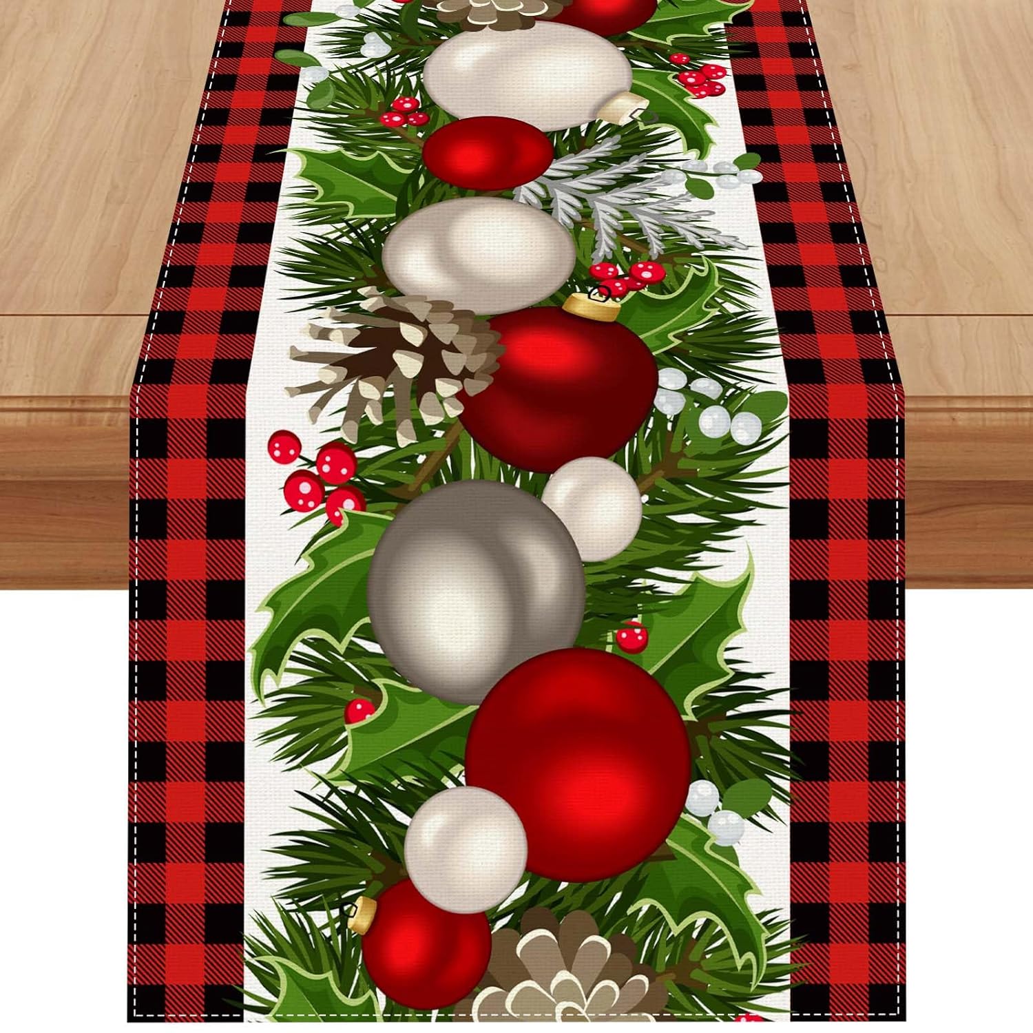 Linen White And Black Buffalo Check Plaid Christmas Table Runner 72 Inches Long Winter Christmas Xmas Holiday Gingerbread House Mantable Decoration