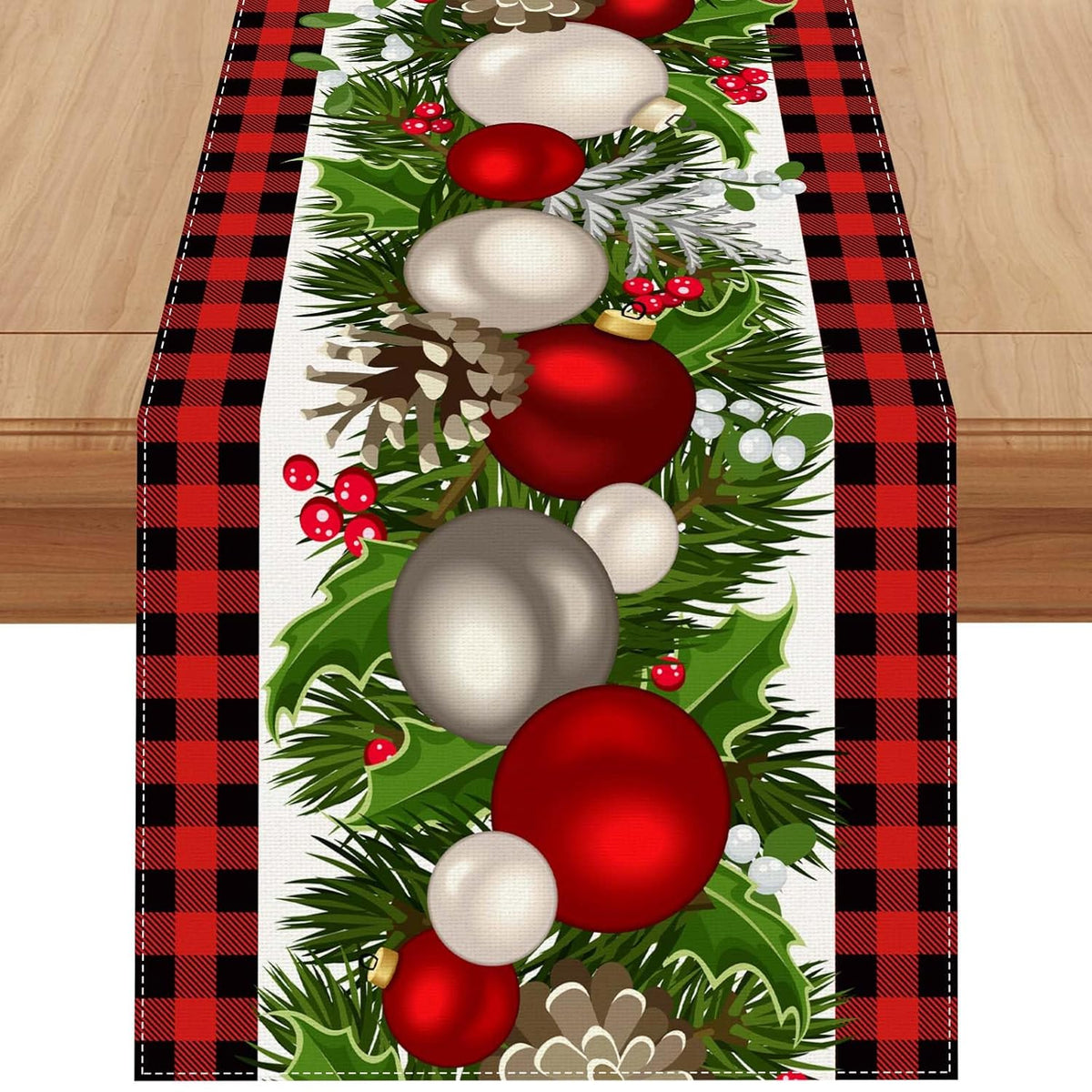 Linen White And Black Buffalo Check Plaid Christmas Table Runner 72 Inches Long Winter Christmas Xmas Holiday Gingerbread House Mantable Decoration