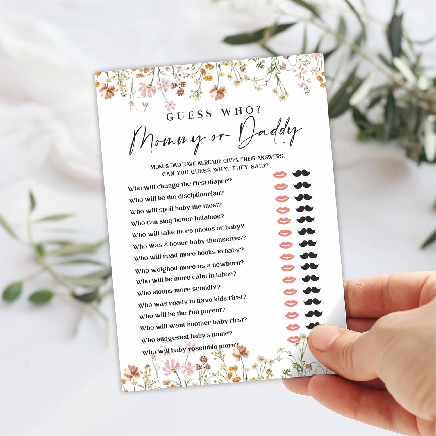 Baby Shower Game Cards, 30 Floral Theme Double-Sided Game Cards For Baby Announcement, Guess Who Mommy Or Daddy Game Cards, Spring Flower, Gender Reveal Party Favor, Activity - C06