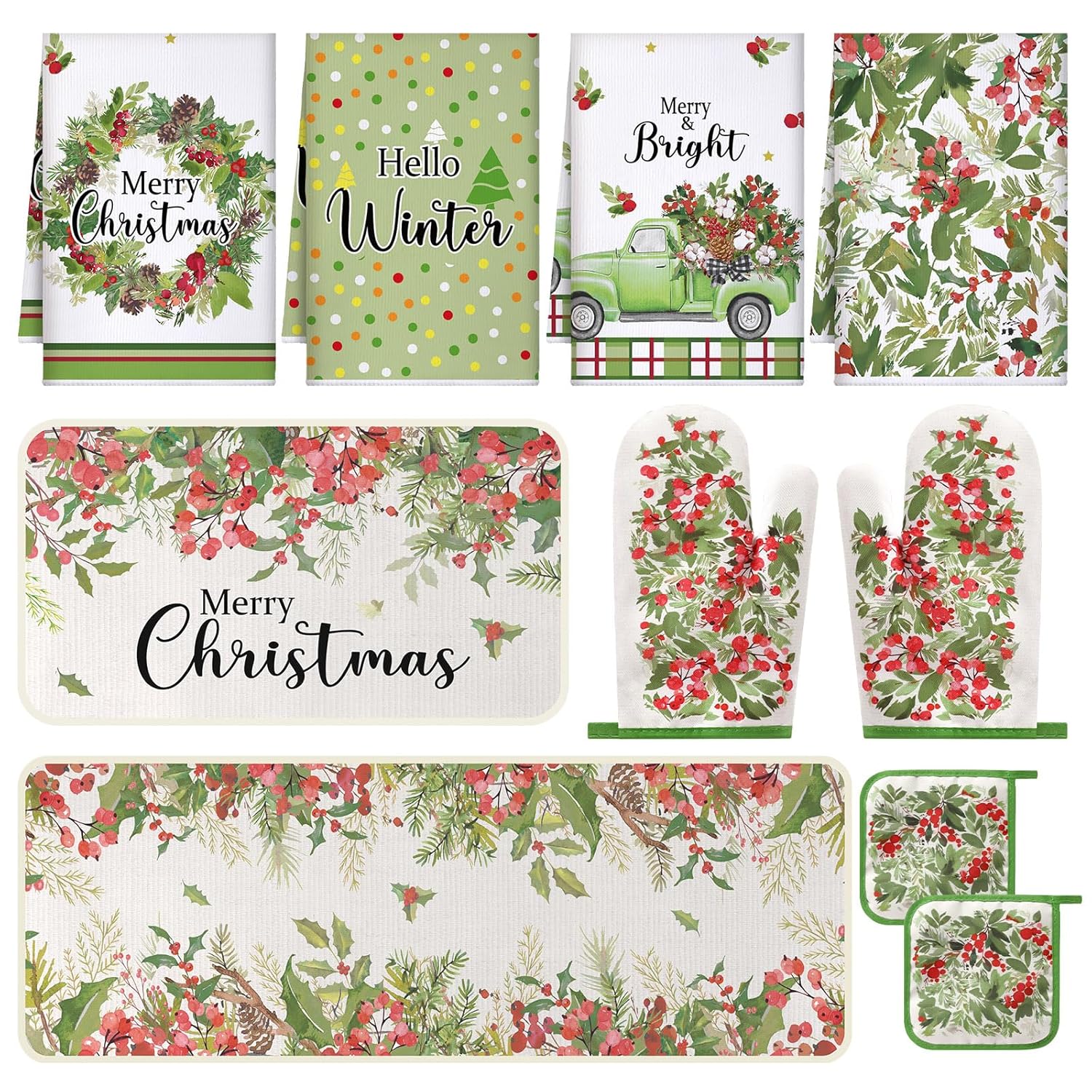 10 Pcs Winter Kitchen Decor Set Kitchen Towels And Rugs Oven Mitts Pot Holders Green Leaf Wreath Towels For Baking Cooking Bbq Gifts Home Decor
