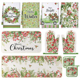 10 Pcs Winter Kitchen Decor Set Kitchen Towels And Rugs Oven Mitts Pot Holders Green Leaf Wreath Towels For Baking Cooking Bbq Gifts Home Decor