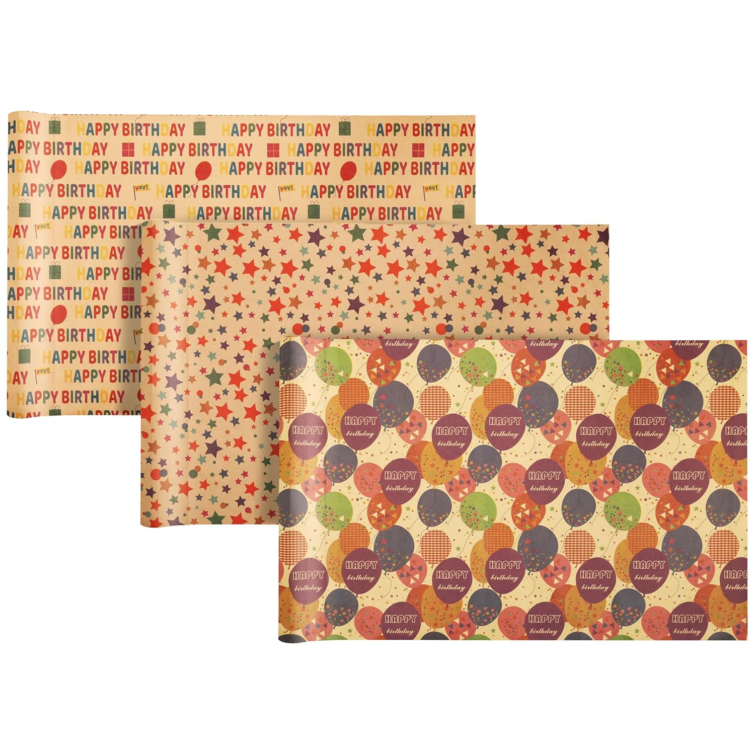Brown Birthday Kraft Wrapping Paper Roll, Balloons Stars Happy Birthday Lettering For Kids Girl Boy, Perfect For Birthday Party, Baby Shower, 3 Rolls, 17 Inch X 9.8 Feet Per Roll