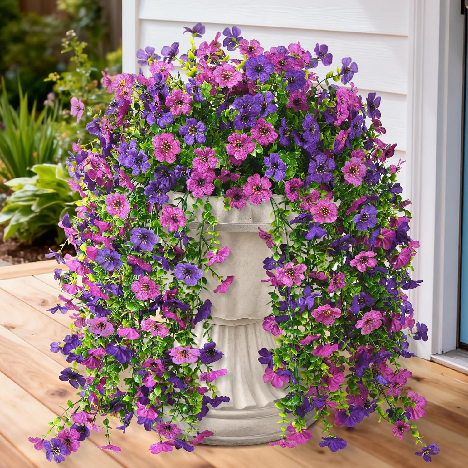 Artificial Hanging Flowers For Outdoor, 2Pcs Fake Flowers Faux Silk Daisy With Eucalyptus Leaves, Uv Resistant Aritificial Flowers For Spring Home Patio Yard Porch Decor (Double Purple)