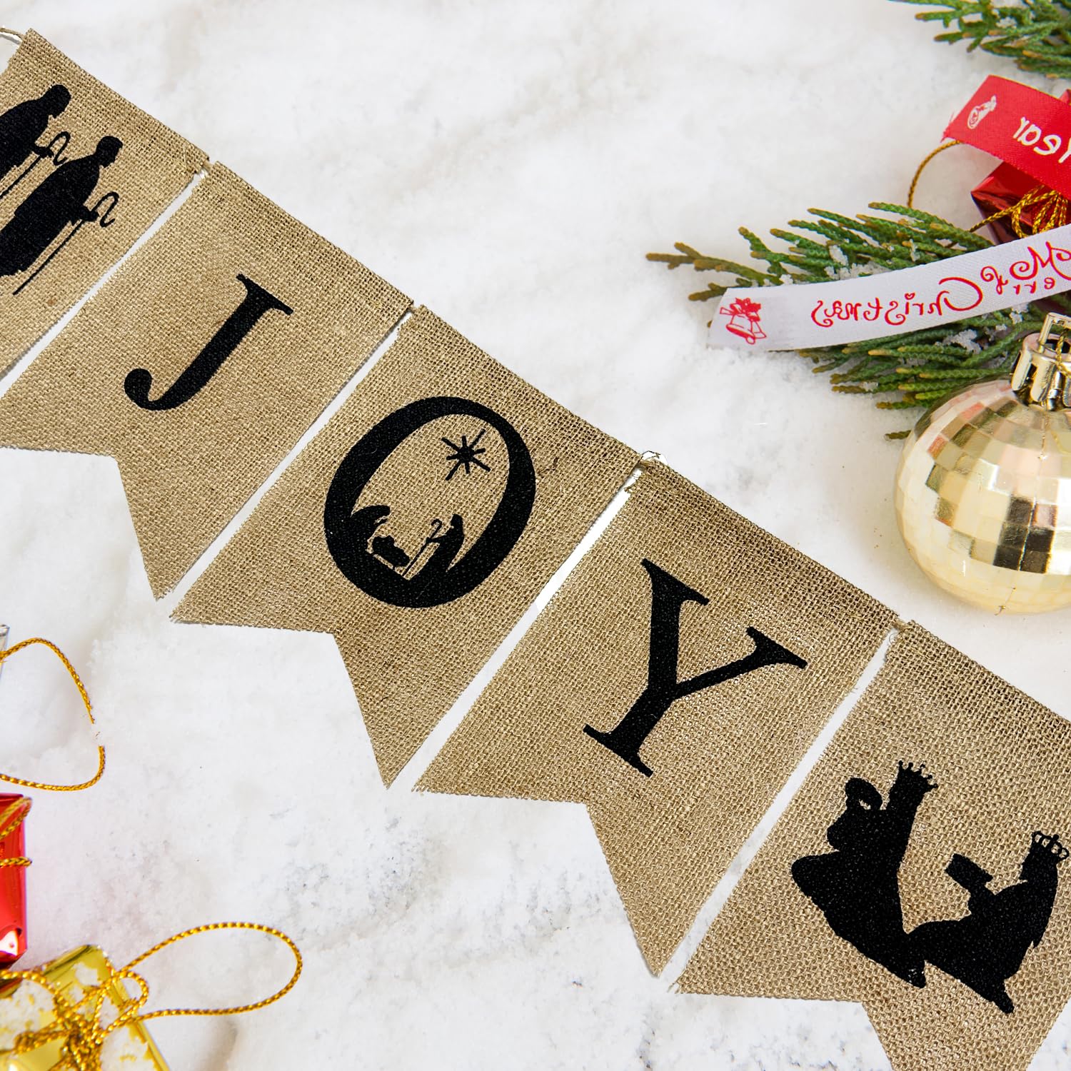 Christmas Burlap Banner Nativity Joy Burlap Banner Nativity Scenes Bunting Banner Xmas Holiday Banner Garland Rustic Merry Christmas Hanging Banner For New Year Party Home Mantel Fireplace