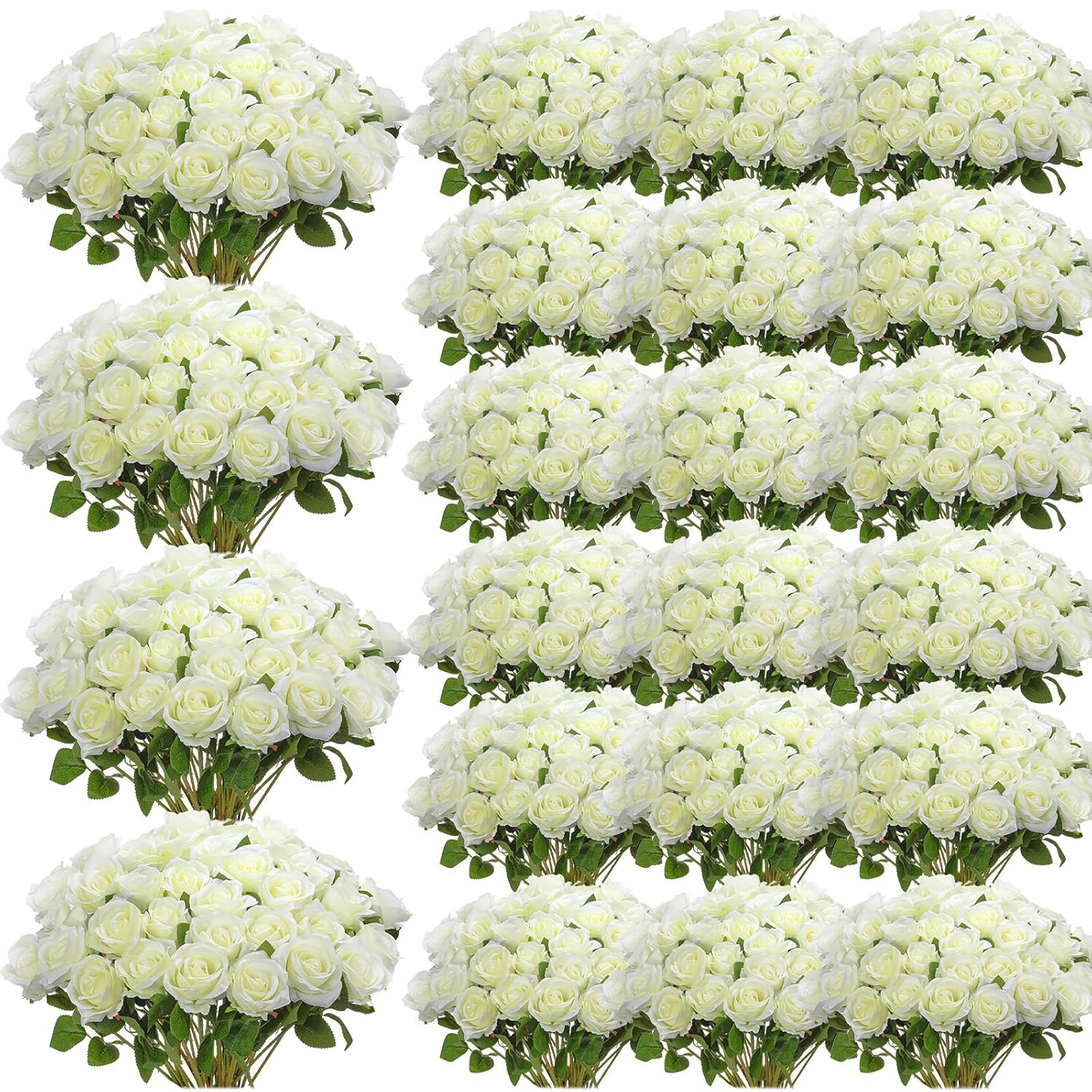 500 Pcs Artificial Silk Roses Flowers With Long Stem Bridal Wedding Bouquet Realistic Floral Bulks For Garden Home Party Gifts Favor Decoration(White)