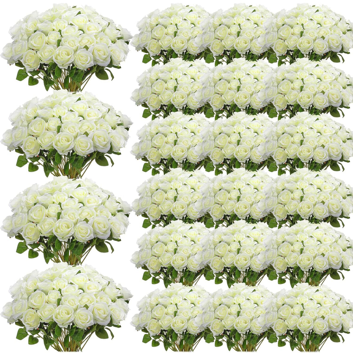 500 Pcs Artificial Silk Roses Flowers With Long Stem Bridal Wedding Bouquet Realistic Floral Bulks For Garden Home Party Gifts Favor Decoration(White)