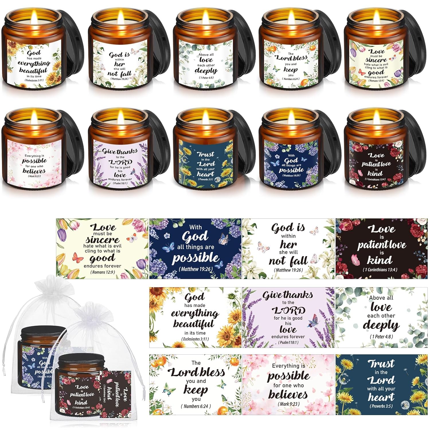 30 Pcs Christian Gifts For Women, 10 Pcs Scented Religious Bible Candles 10 Floral Verses Cards And 10 White Organza Bag For Women Christmas Birthday Wedding Party Gift Supplies Favor