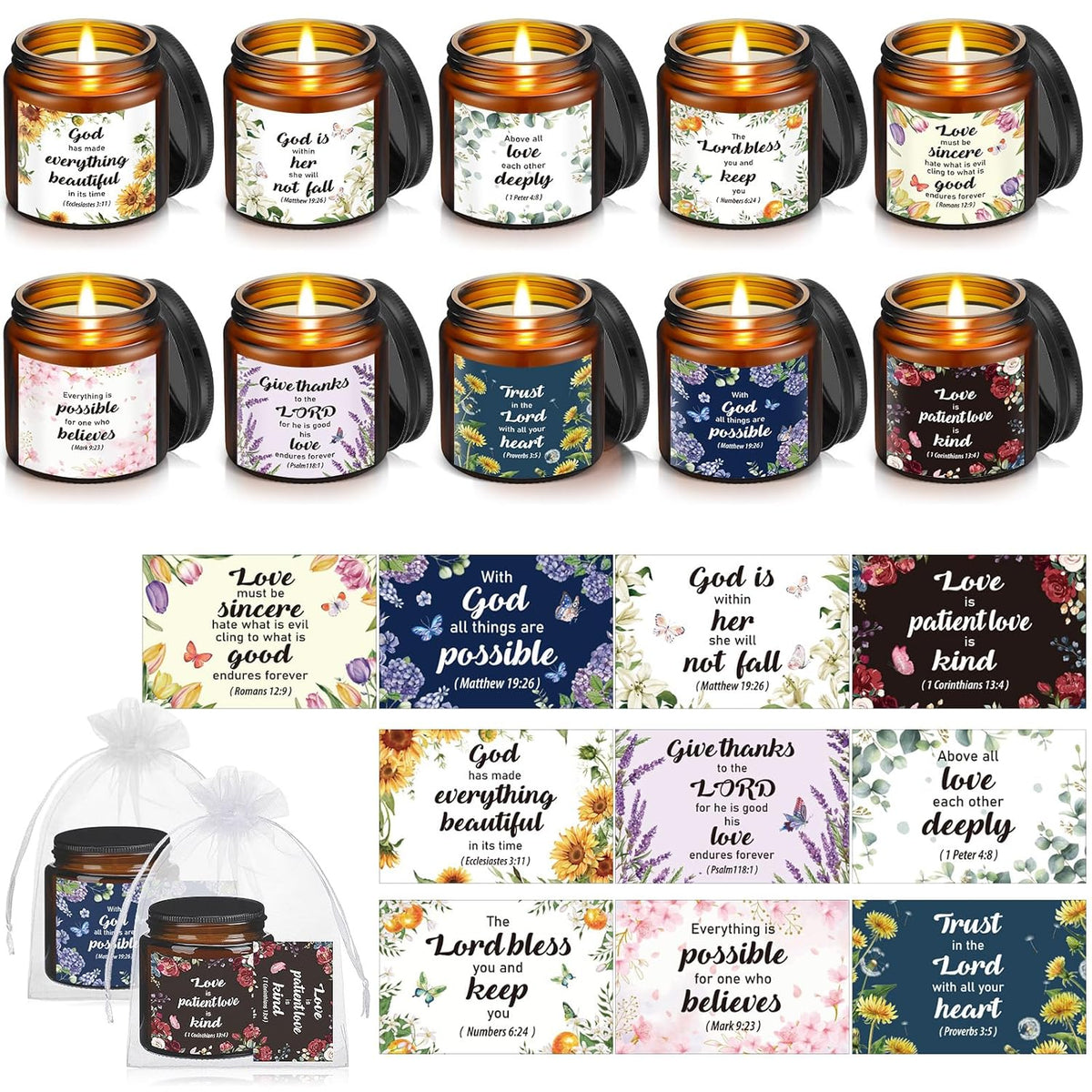 30 Pcs Christian Gifts For Women, 10 Pcs Scented Religious Bible Candles 10 Floral Verses Cards And 10 White Organza Bag For Women Christmas Birthday Wedding Party Gift Supplies Favor