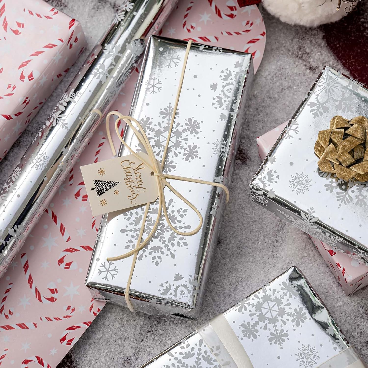 Snowflake Christmas Wrapping Paper - 17 Inch X 32.8 Feet Mini Roll - Candy Cane Metallic Shiny Silver Gift Wrap Paper For Holiday Shower Party Celebration