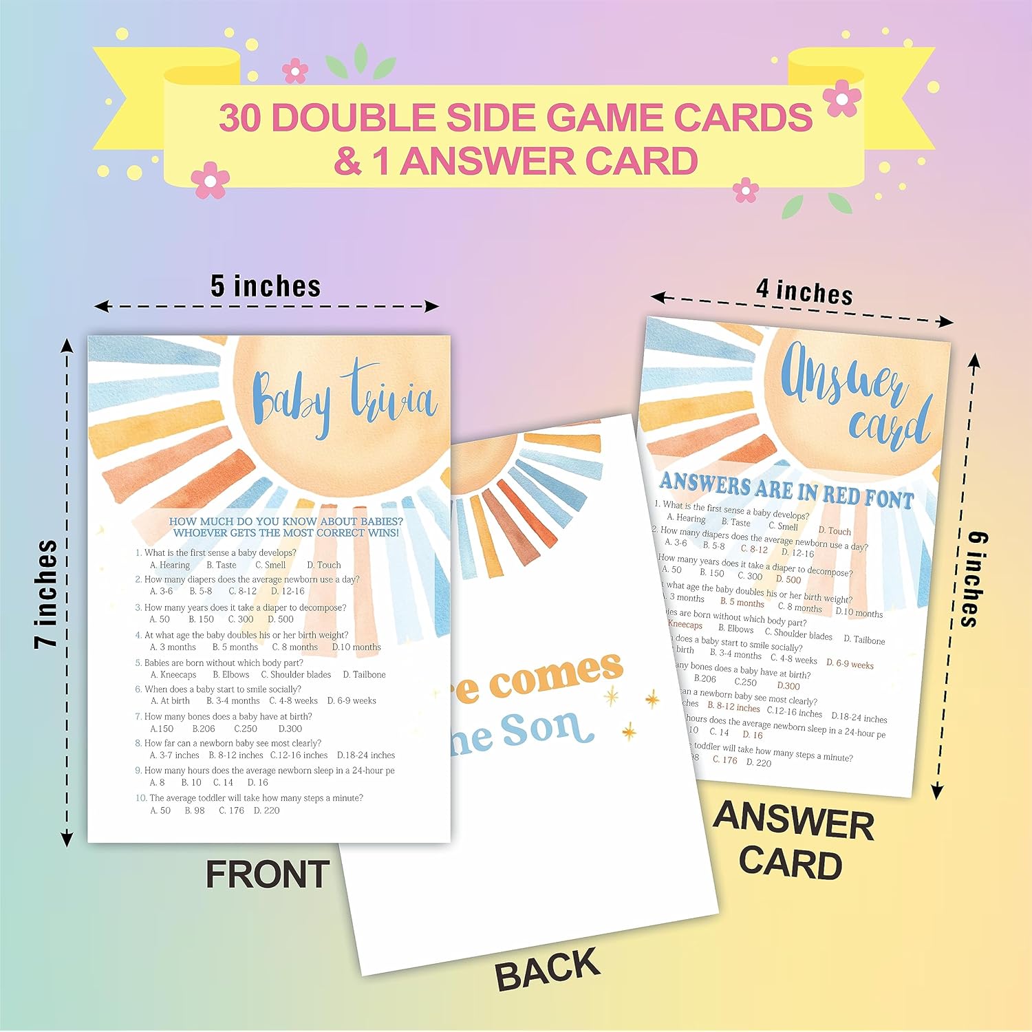 Trivia Game Set - Retro Sunshine Theme Baby Shower Party Activities - Watercolor Sun Baby Shower Game Kit, Gender Reveal, Announcement Party & Supplies - A06