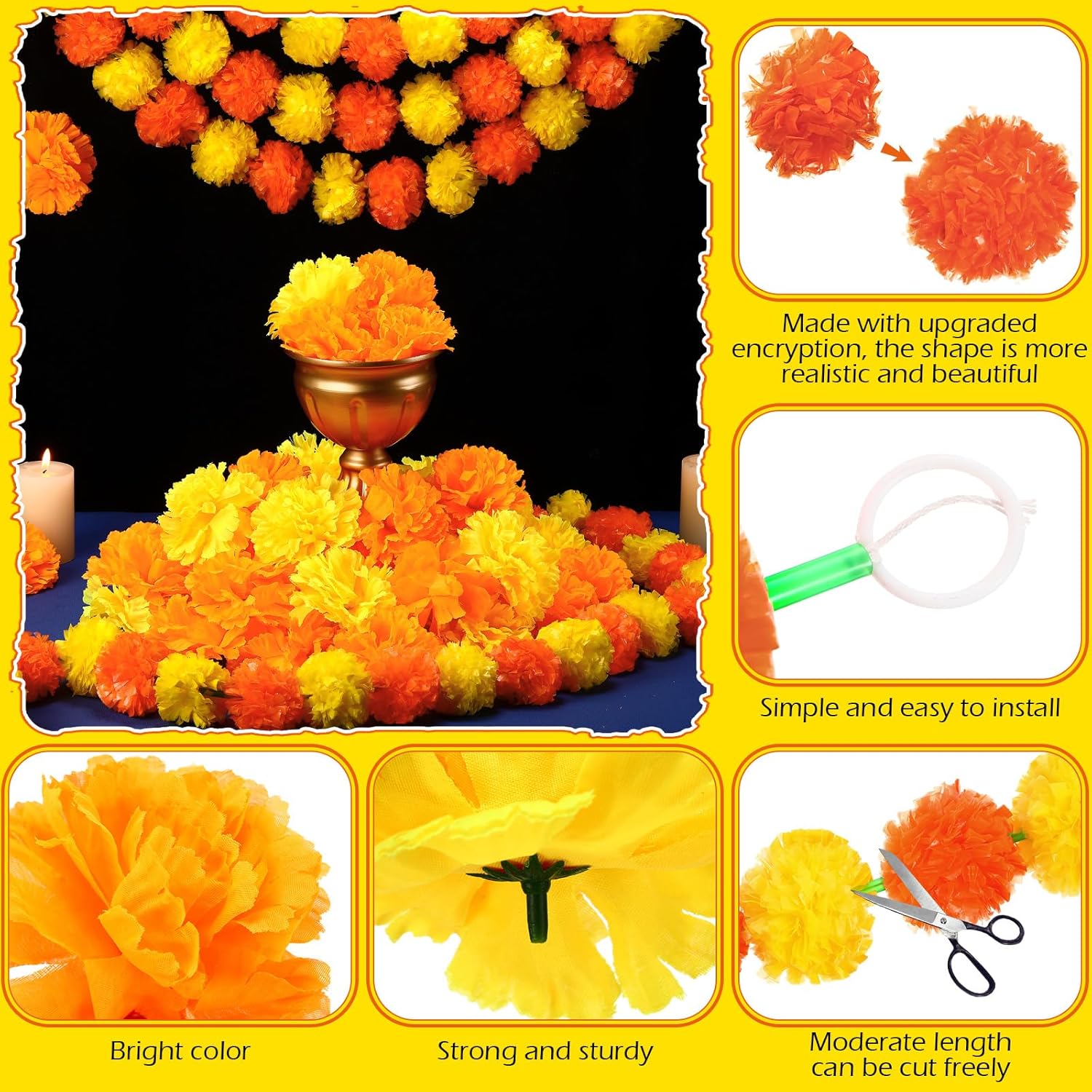 65 Pcs Day Of The Dead Decorations 5 Pcs 5 Ft Artificial Marigold Garland 60 Faux Marigold Flower Heads Plastic Indian Garland Silk Indian Flowers For Dia De Los Muertos Diwali Orange