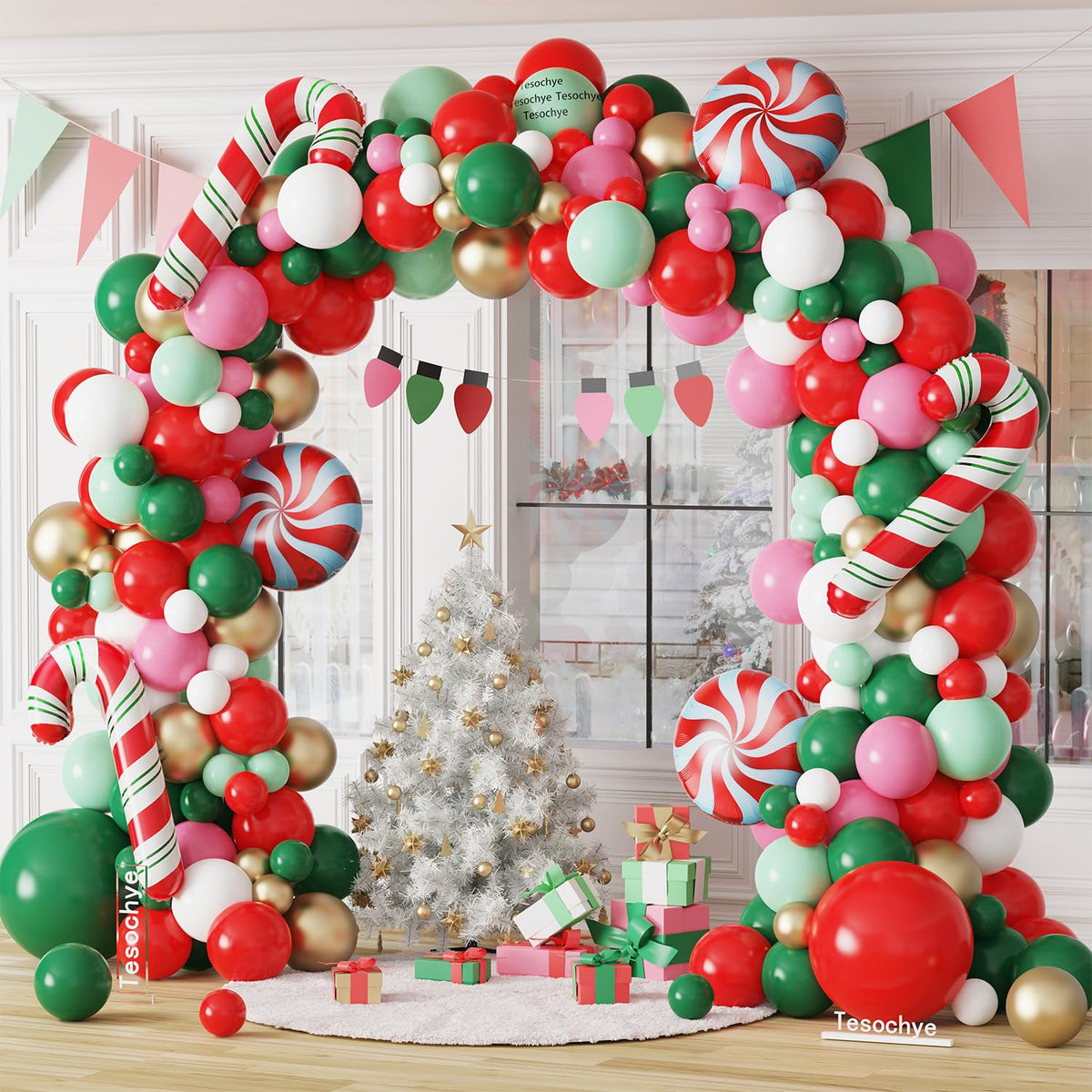 Christmas Balloon Garland Arch Kit, 161 Pcs Red Green White Pink Metallic Gold Balloons Candy Cane Foil Balloons For Xmas Christmas Party Decorations Candy Theme Birthday Baby Shower Supplies
