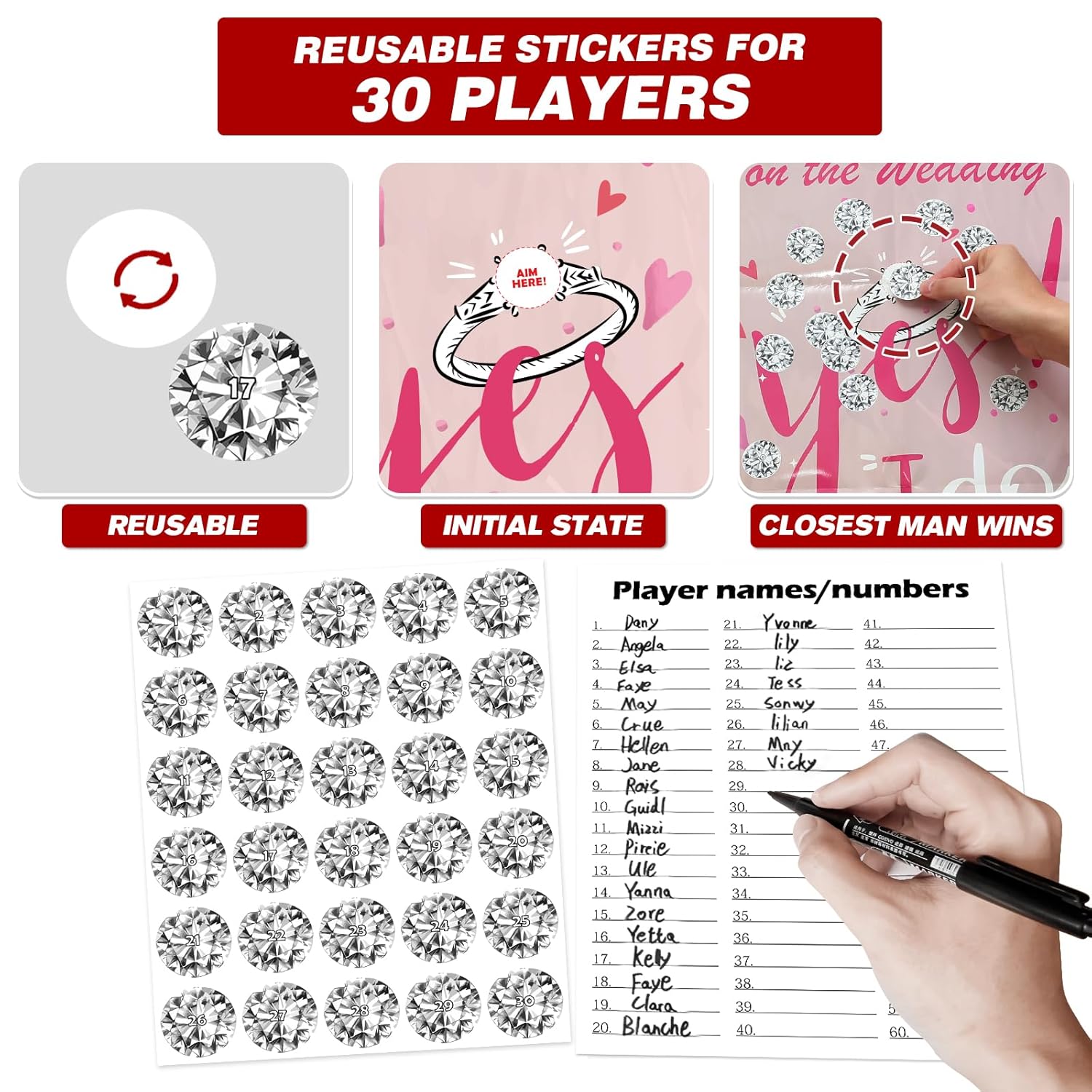 Bridal Shower Games, Pin The Diamond On The Wedding, Bridal Shower Wedding Bachelorette Party Engagement Shower Games Girls Night Party 30 Guests
