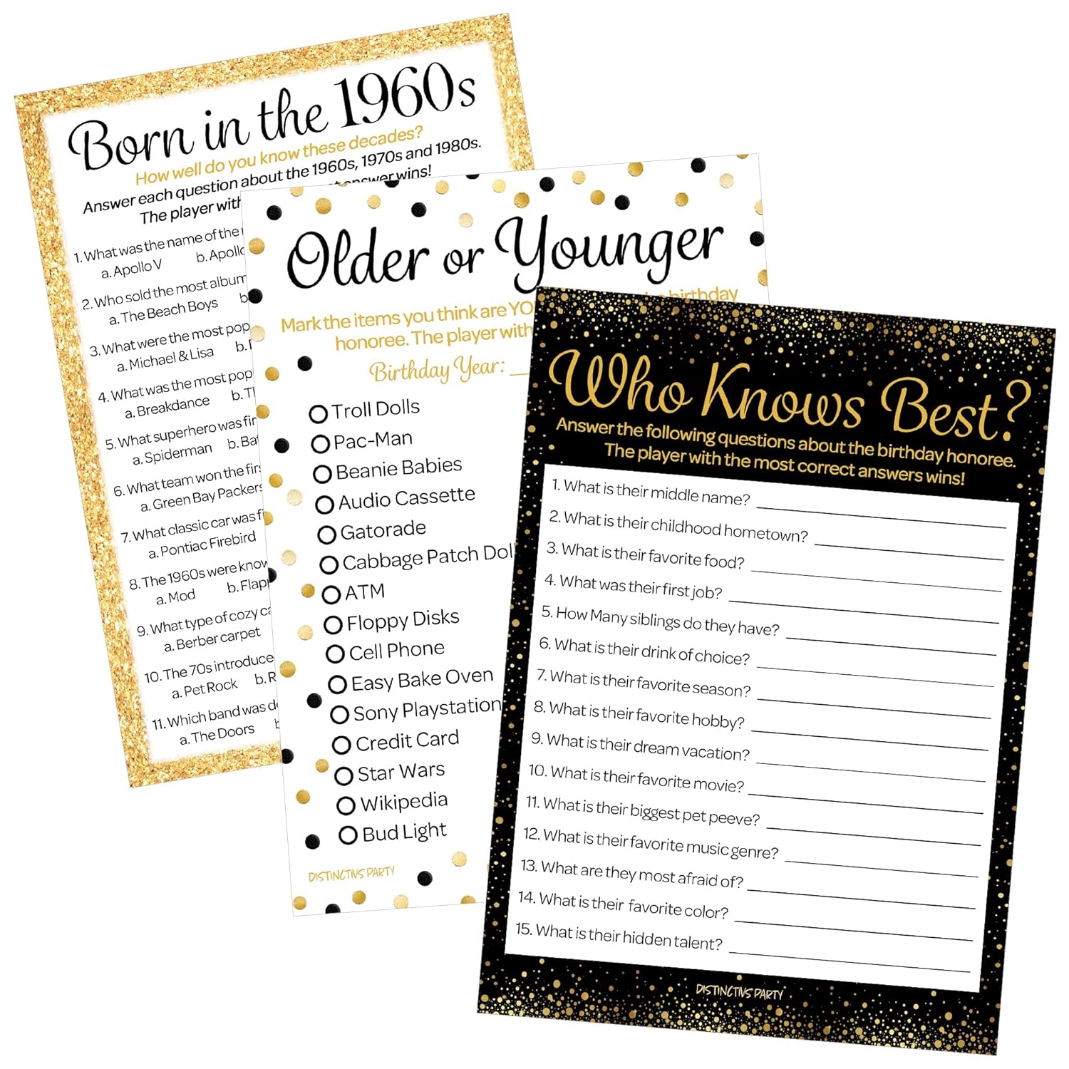 Black And Gold 60Th Birthday Game Bundle - Set Of 3 Birthday Party Games For 20 Guests, Born In The 1960S Theme