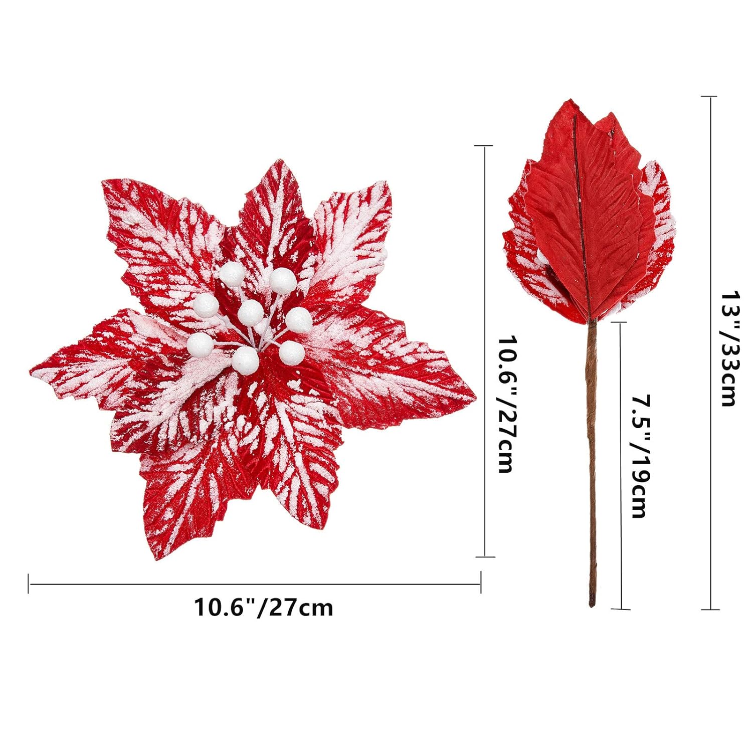 10Pcs Snow Decorated Large Poinsettia Decorative Christmas Flower Stem For Christmas Tree Wreath Garland, Red/White