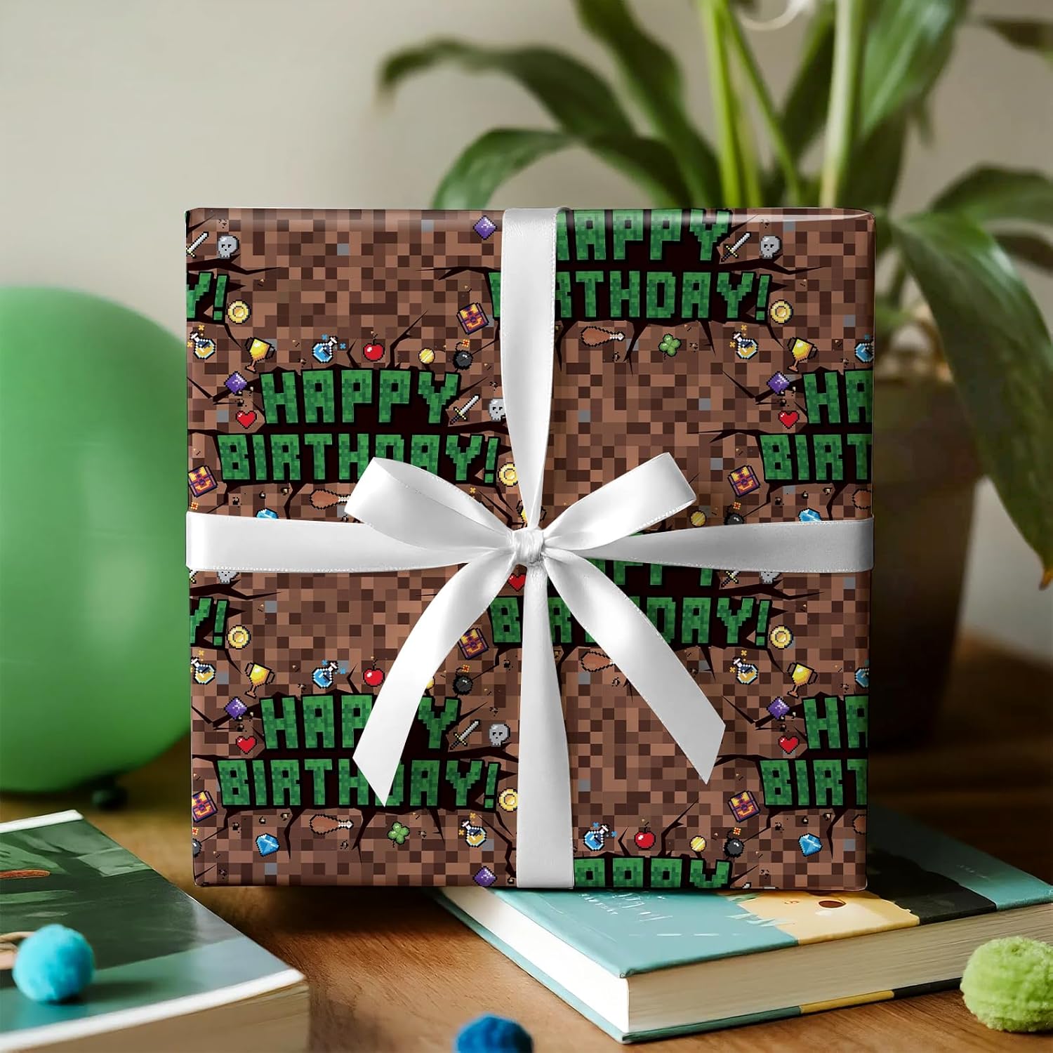 Birthday Wrapping Paper Roll - Mini Roll - 17 Inch X 9.8 Feet - Pixel Style Happy Birthday Video Game Wrapping Paper, Perfect For Boys, Game Lover, Baby Shower
