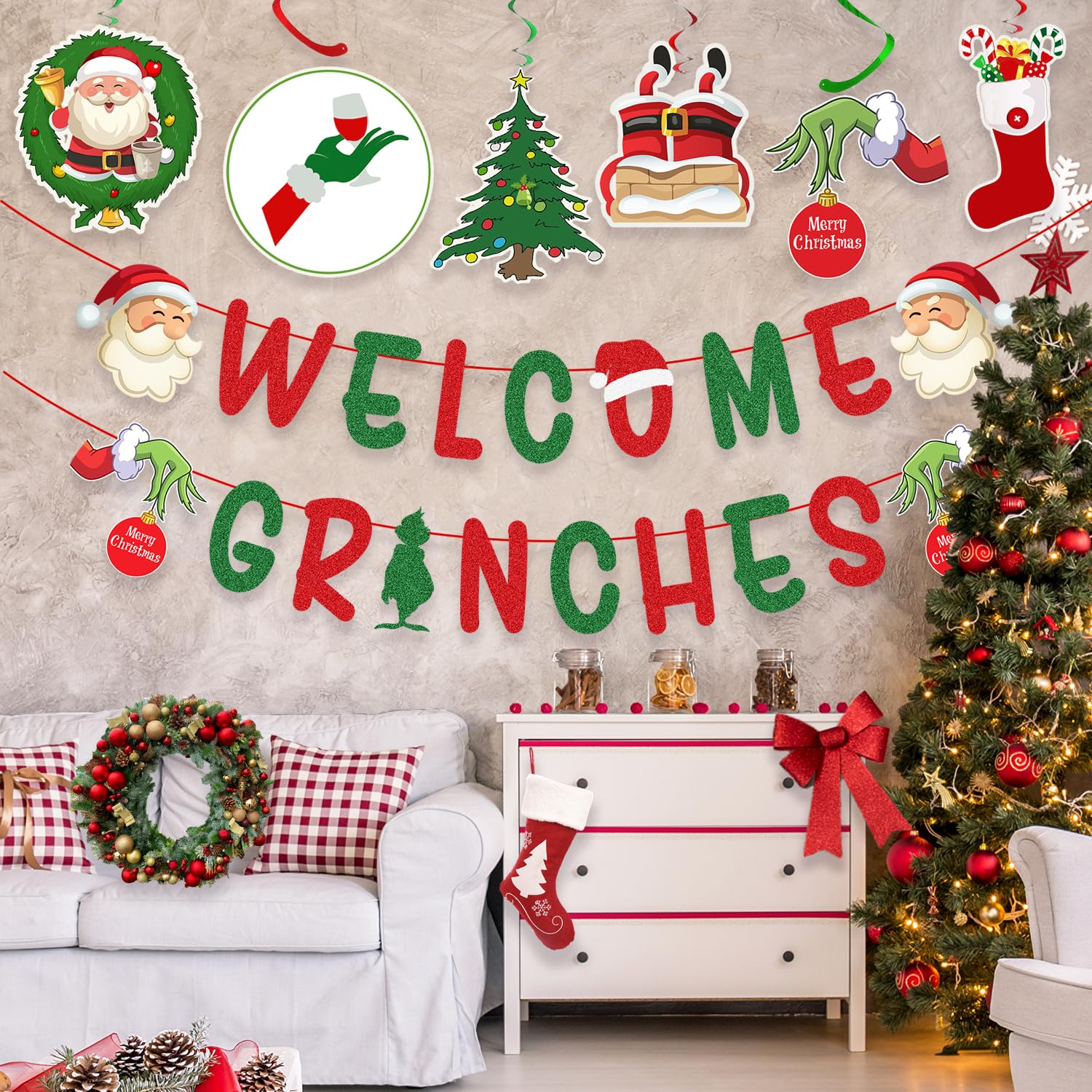 Christmas Decorations – Glittery Welcome Grinches Banner, Hanging Swirls With Xmas Ornaments For Christmas Party Decor