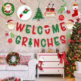 Christmas Decorations – Glittery Welcome Grinches Banner, Hanging Swirls With Xmas Ornaments For Christmas Party Decor