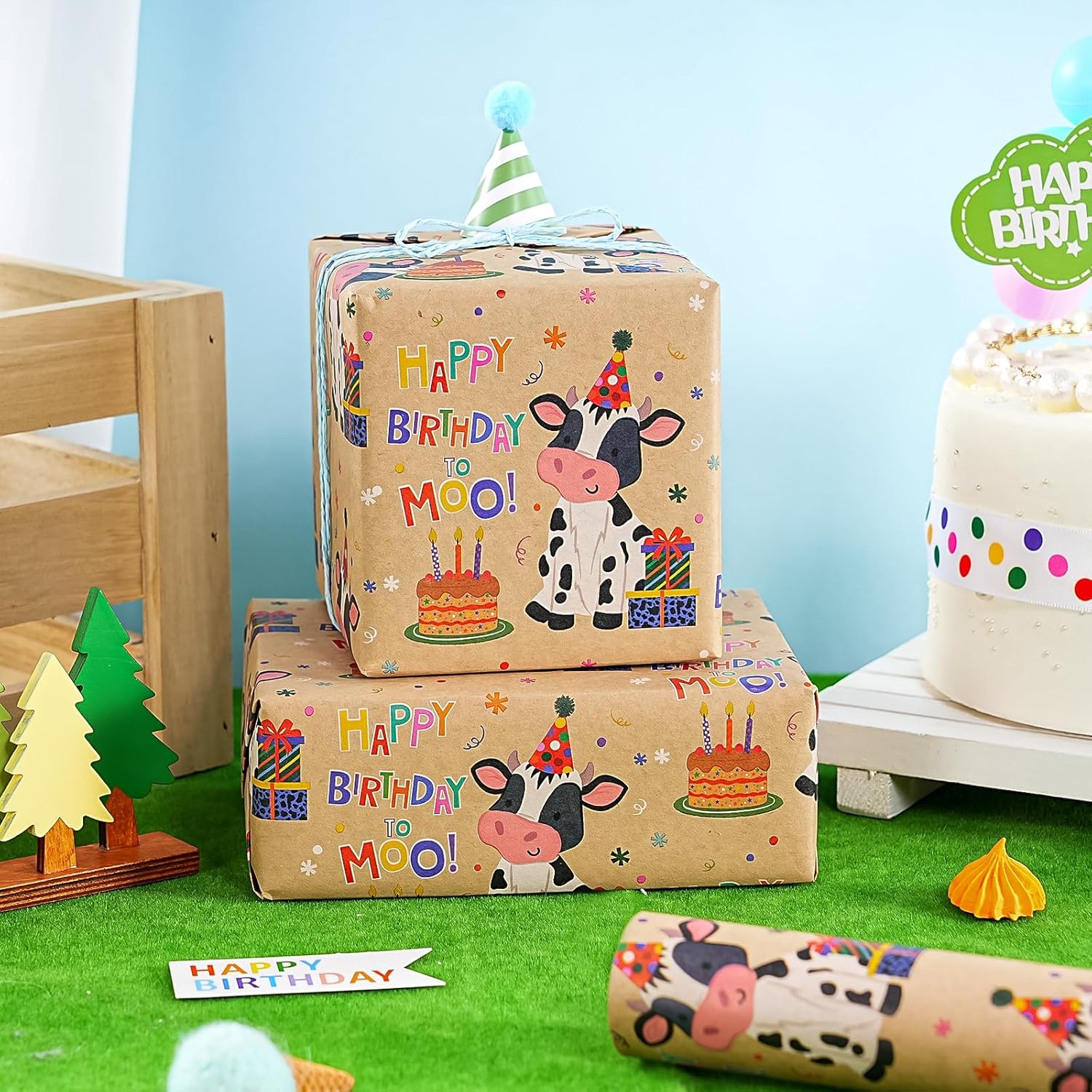 Kraft Cow Birthday Wrapping Paper Roll - Mini Roll - 17 Inch X 16.5 Feet - Cow Wrapping Paper With Cakes And Happy Birthday Moo Design Perfect For Girls Boy Kids, Baby Shower