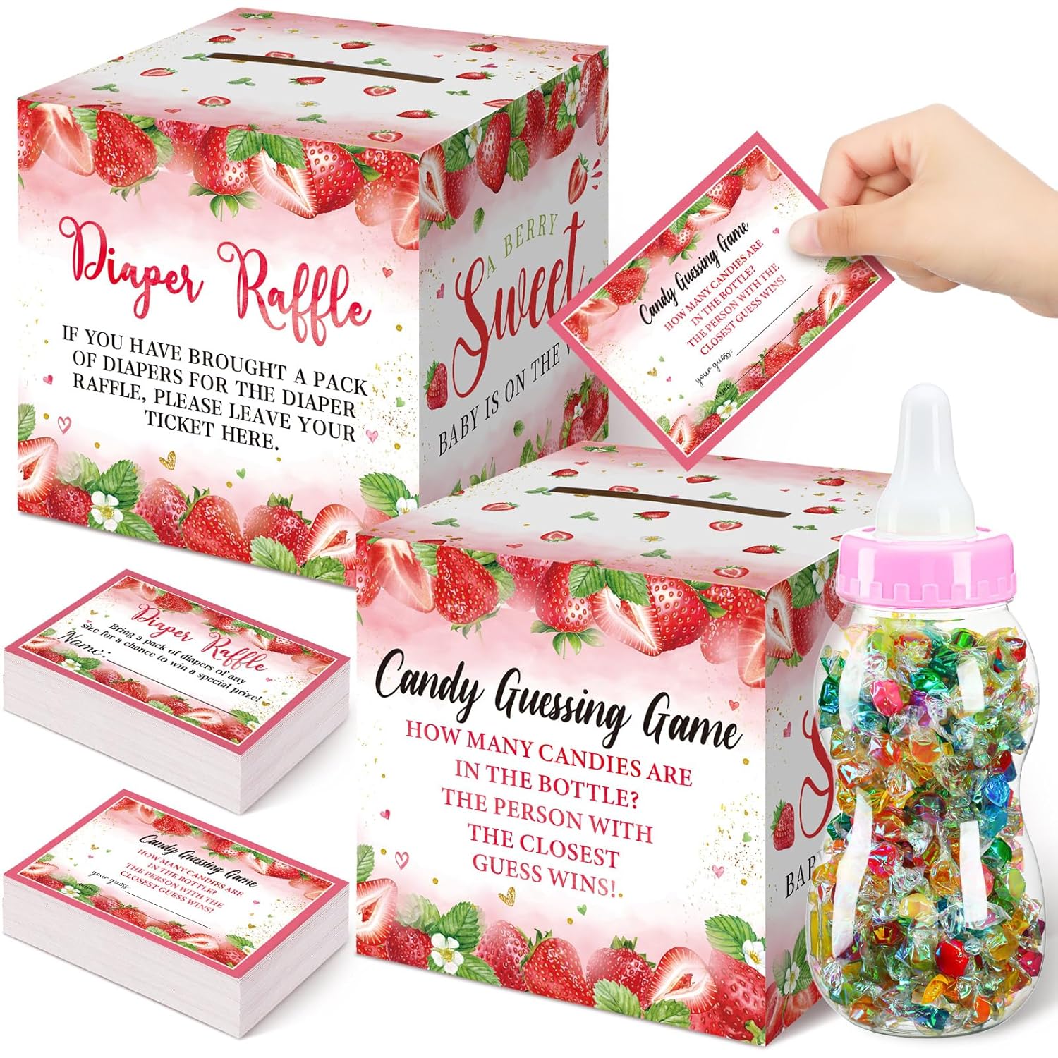 102 Pcs Pink Strawberry Diaper Raffle Tickets Box Game For Baby Shower With Pink Strawberry Diaper Raffle Card Guess Candy Game For Baby Shower Gender Reveal Party Decoration Table Centerpiece