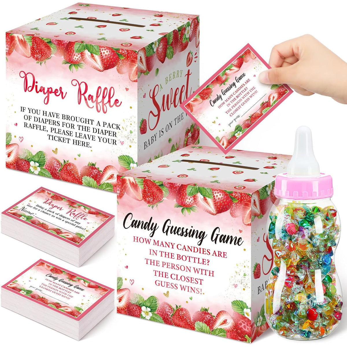 102 Pcs Pink Strawberry Diaper Raffle Tickets Box Game For Baby Shower With Pink Strawberry Diaper Raffle Card Guess Candy Game For Baby Shower Gender Reveal Party Decoration Table Centerpiece