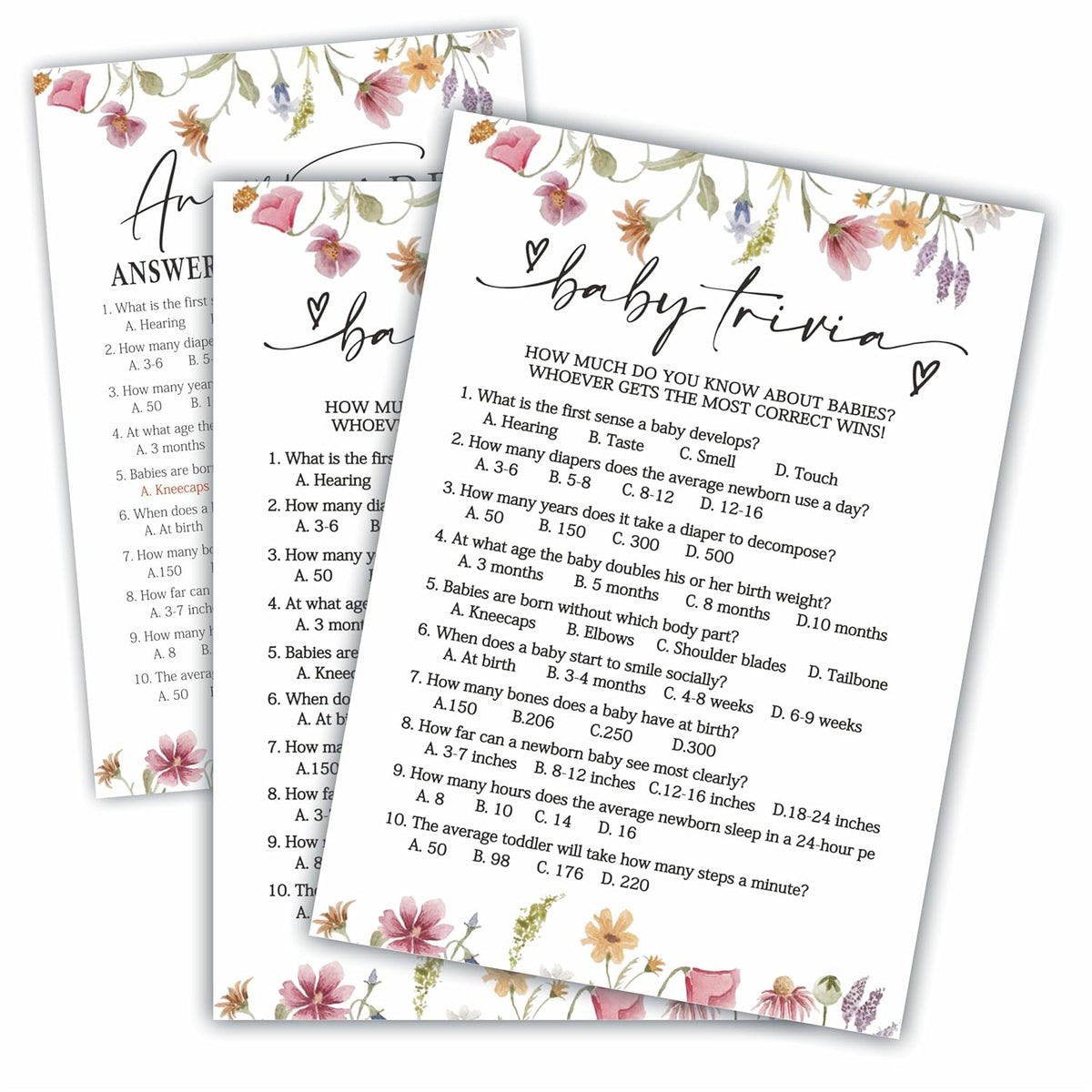 Baby Shower Party Games- Floral Watercolor Flower-Baby Trivia Game For Guest-30 Game Card & 1 Answer Card-Wishes For Baby-Baby Announcement Gender Reveal Game Card 09