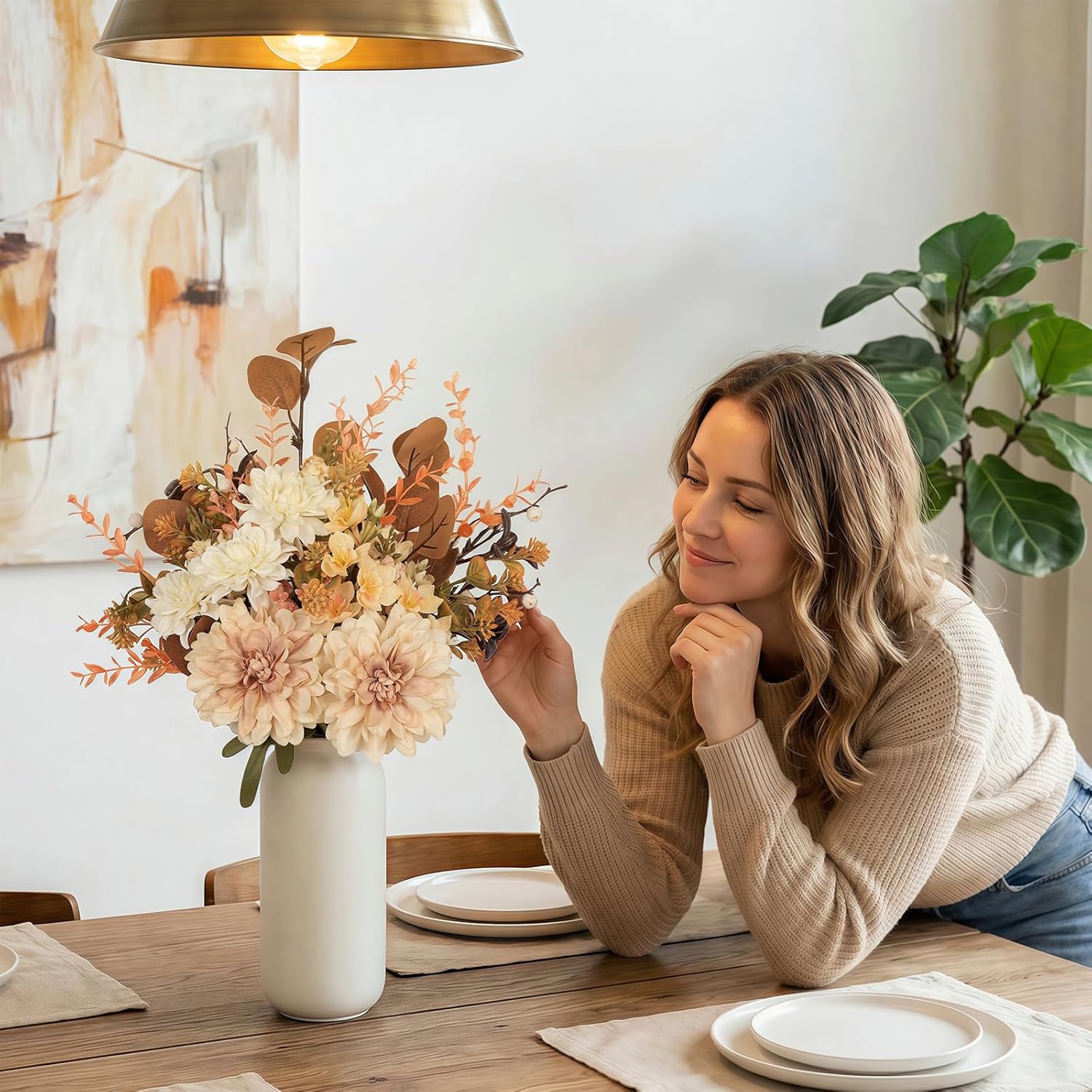 Artificial Fall Flowers Bouquet In Ceramic Vase, Faux Brown Flower Centerpieces For Coffee Table Decorations, Fake Silk Floral Arrangements For Thanksgiving Living Dining Room Bedroom Decor