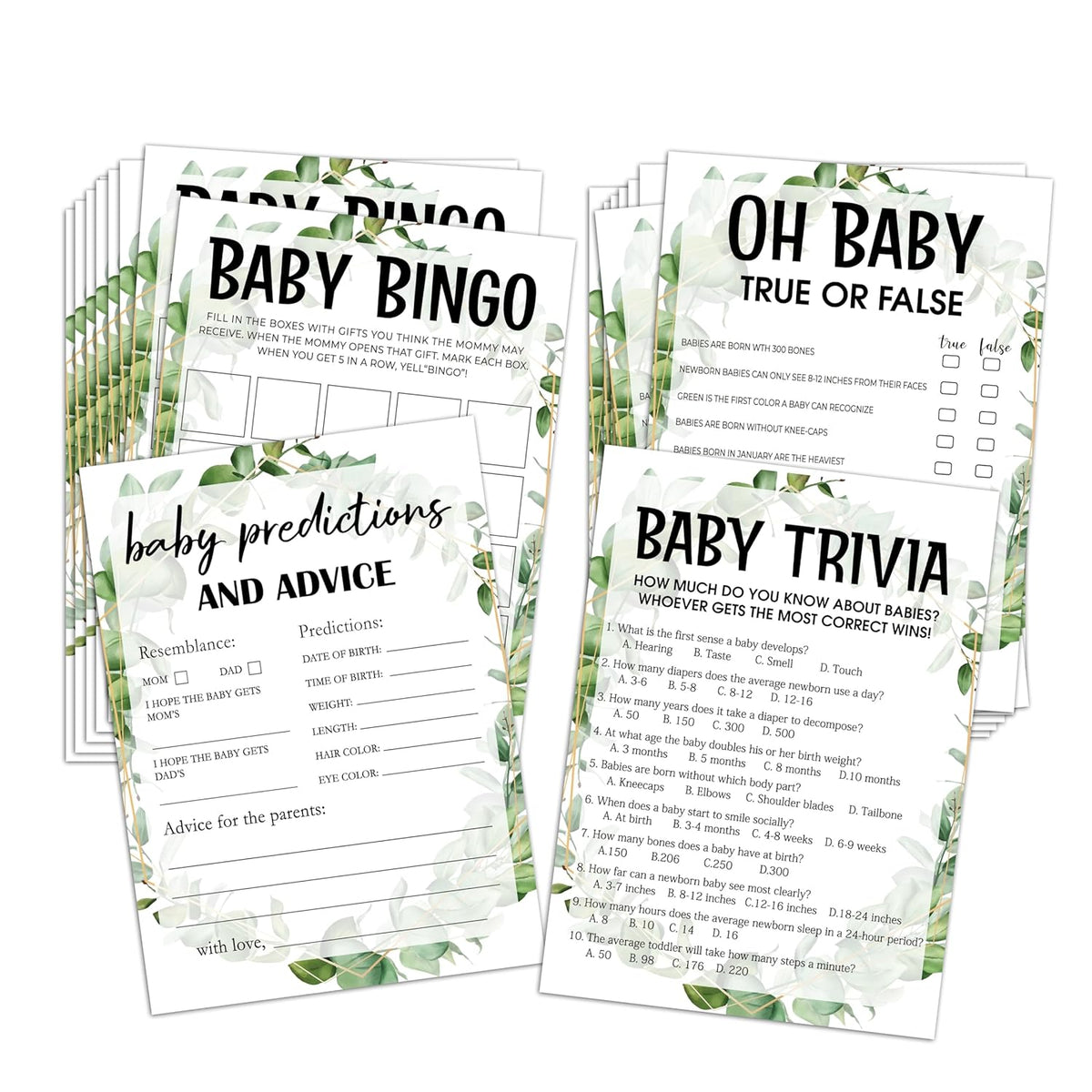 Baby Shower Games Set, Baby Predictions, Oh Baby, Baby Trivia Game, 4 Baby Games For 25 Guests, Girl Boy Eucalyptus Baby Shower Decorations, 001