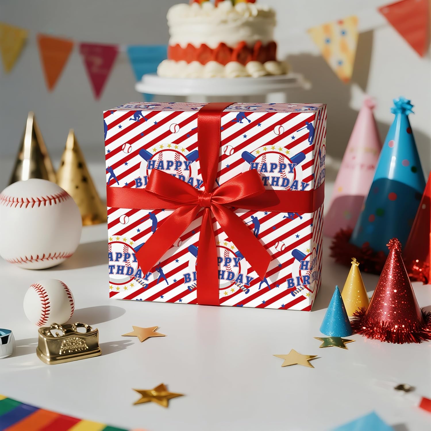 Baseball Birthday Wrapping Paper Roll, Red White Blue Gift Wrap With Happy Birthday Text, Stars & Bats Design, Perfect For Boys Kids Party Celebration, Mini Roll 17 Inches X 9.8 Feet