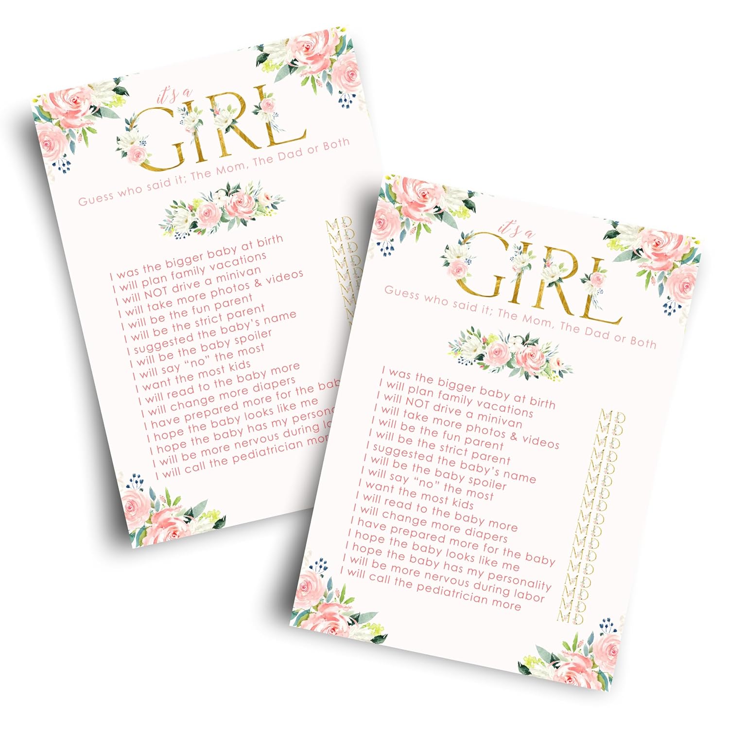 Oh Girl Baby Shower Games Hilarious - 25 Guess Who Mommy Or Daddy Game Cards - Fun Guessing Activities For Guests - Rustic Floral Theme Pink And Gold