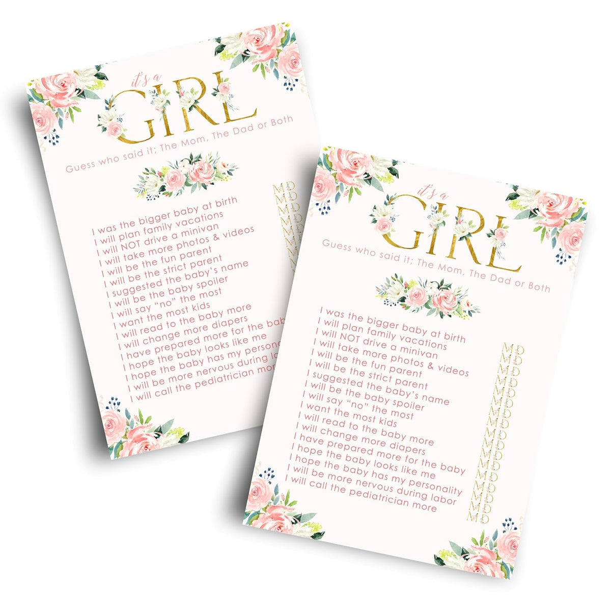 Oh Girl Baby Shower Games Hilarious - 25 Guess Who Mommy Or Daddy Game Cards - Fun Guessing Activities For Guests - Rustic Floral Theme Pink And Gold