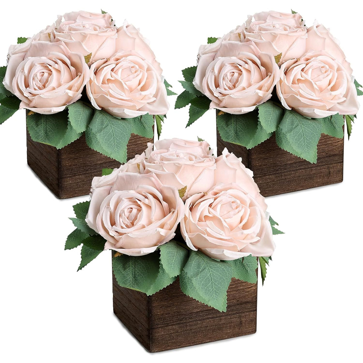 Dining Table Centerpiece Set Of 3 - Pre-Made Aritifial Rose With Wooden Vase Fake Floral Arrangment Faux Flower For Wedding Bridal Tea Party Event Decorations - Boho