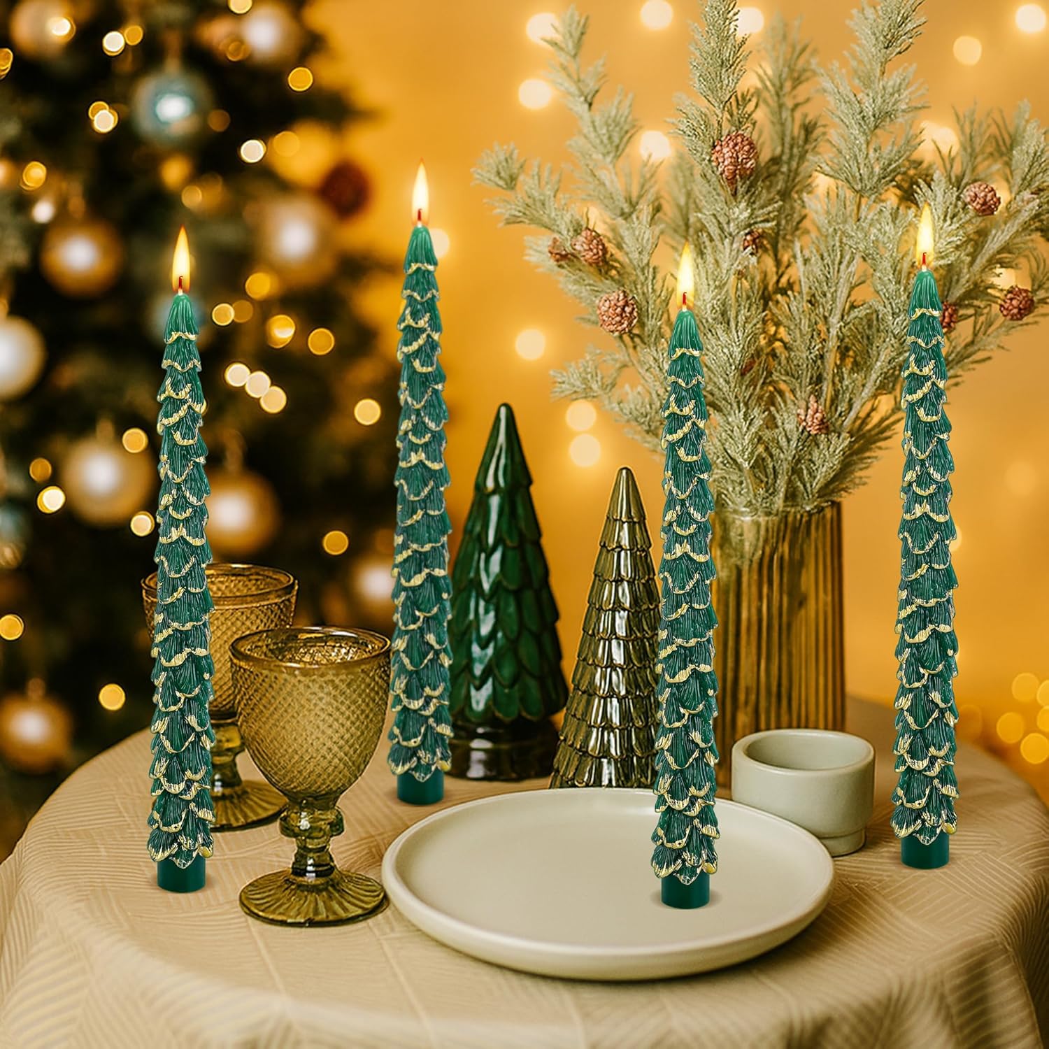 5 Pcs Christmas Tree Shaped Candles,10 Inch Unscented Christmas Tree Taper Candles With Gold Edged,Green Tree Taper Decorative Candles For Xmas Home Party Table Centerpiece