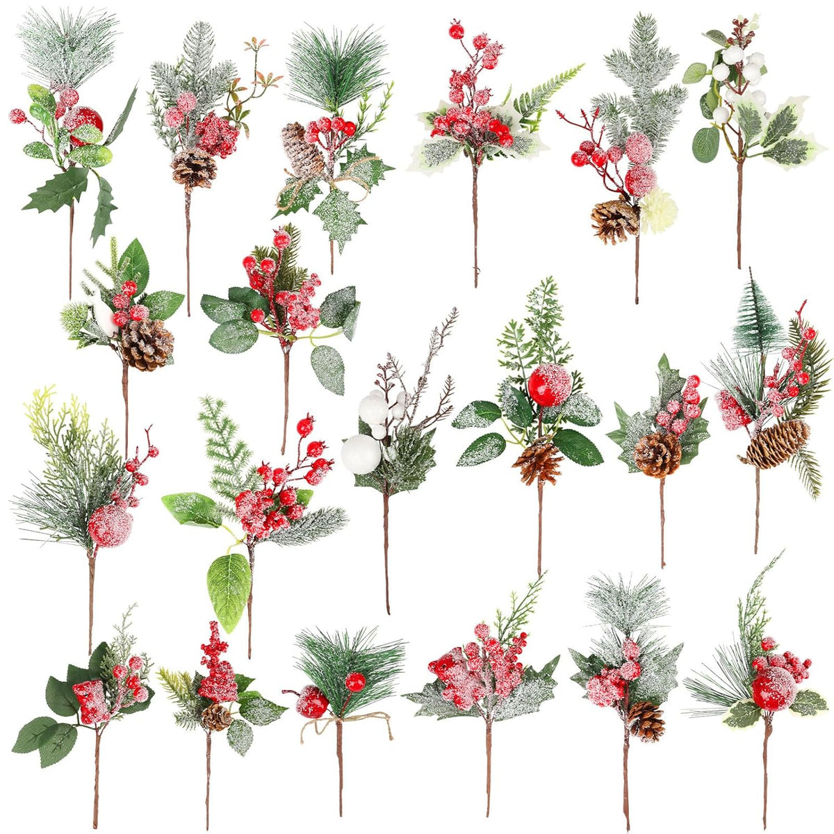 Artificial Christmas Picks 20 Pack Assorted Holly Berry Stems Frosted Pine Cones Faux Red Berries White Floral Picks Sprays For Xmas Tree Vase Crafts Garland Christmas Wreath Decoration