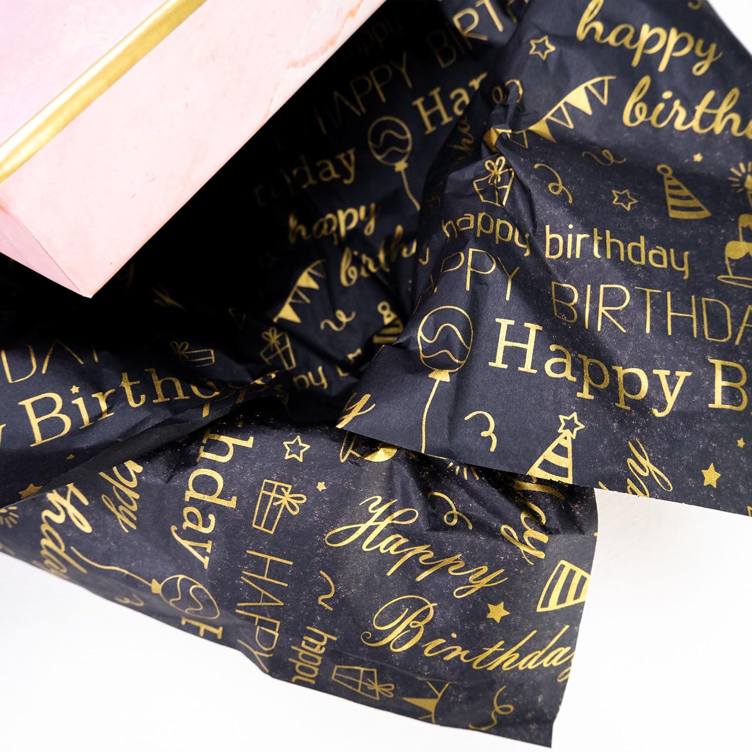 Large Black Gold Birthday Tissue Paper, 20" X 28", Black With Gold Happy Birthday Design For Gift Bags, 30 Sheets