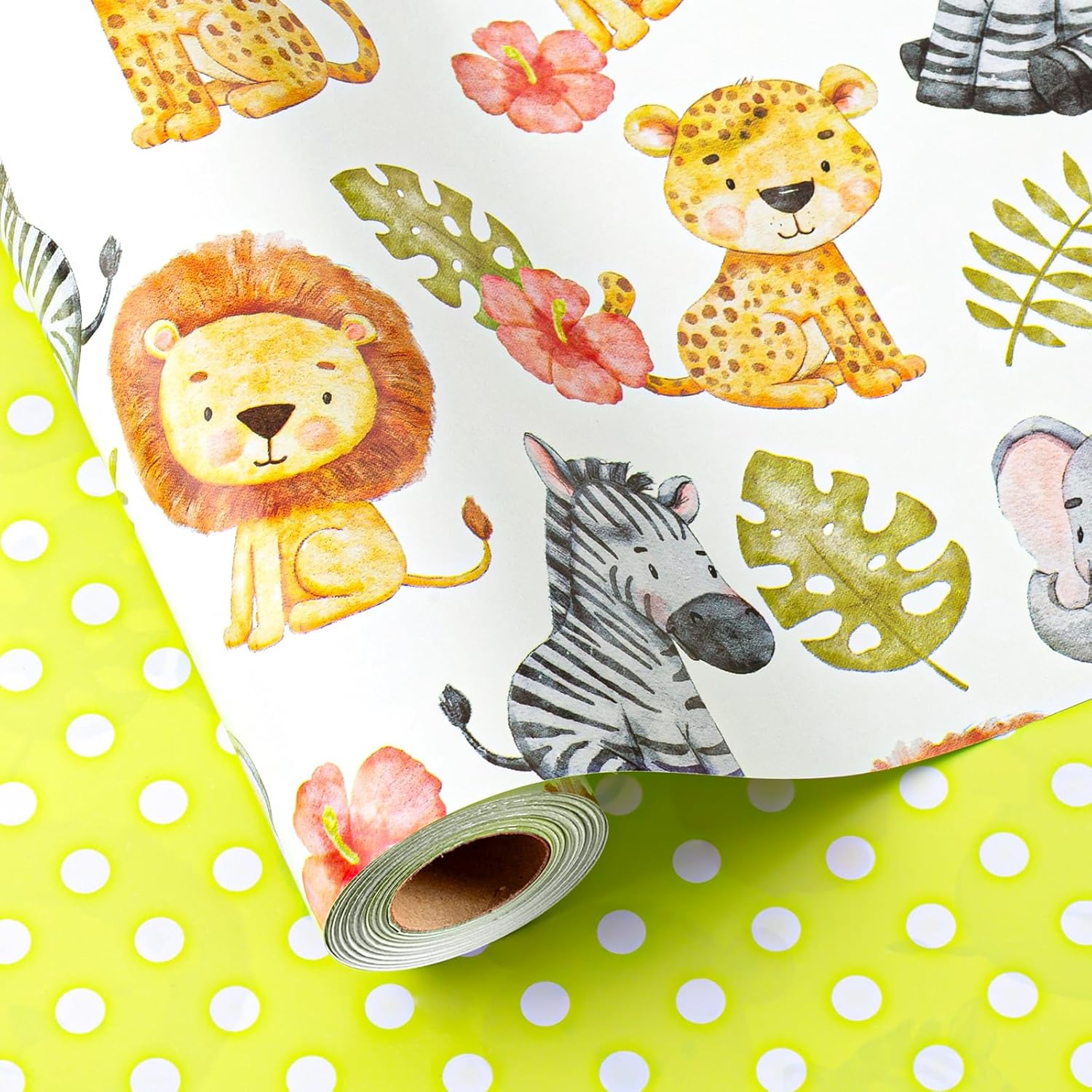 Avocado Green Baby Shower Wrapping Paper,Reversible Cute Personalized Safari Animal Polka Dot Newborn Gift Wrap For Baby Shower, Kids Girls Boys Birthday (17 In X 32.8 Ft)